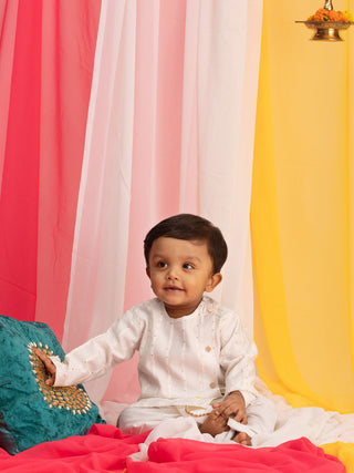 VASTRAMAY SISHU Boy's White Embellished Angrakha Kurta Dhoti Set