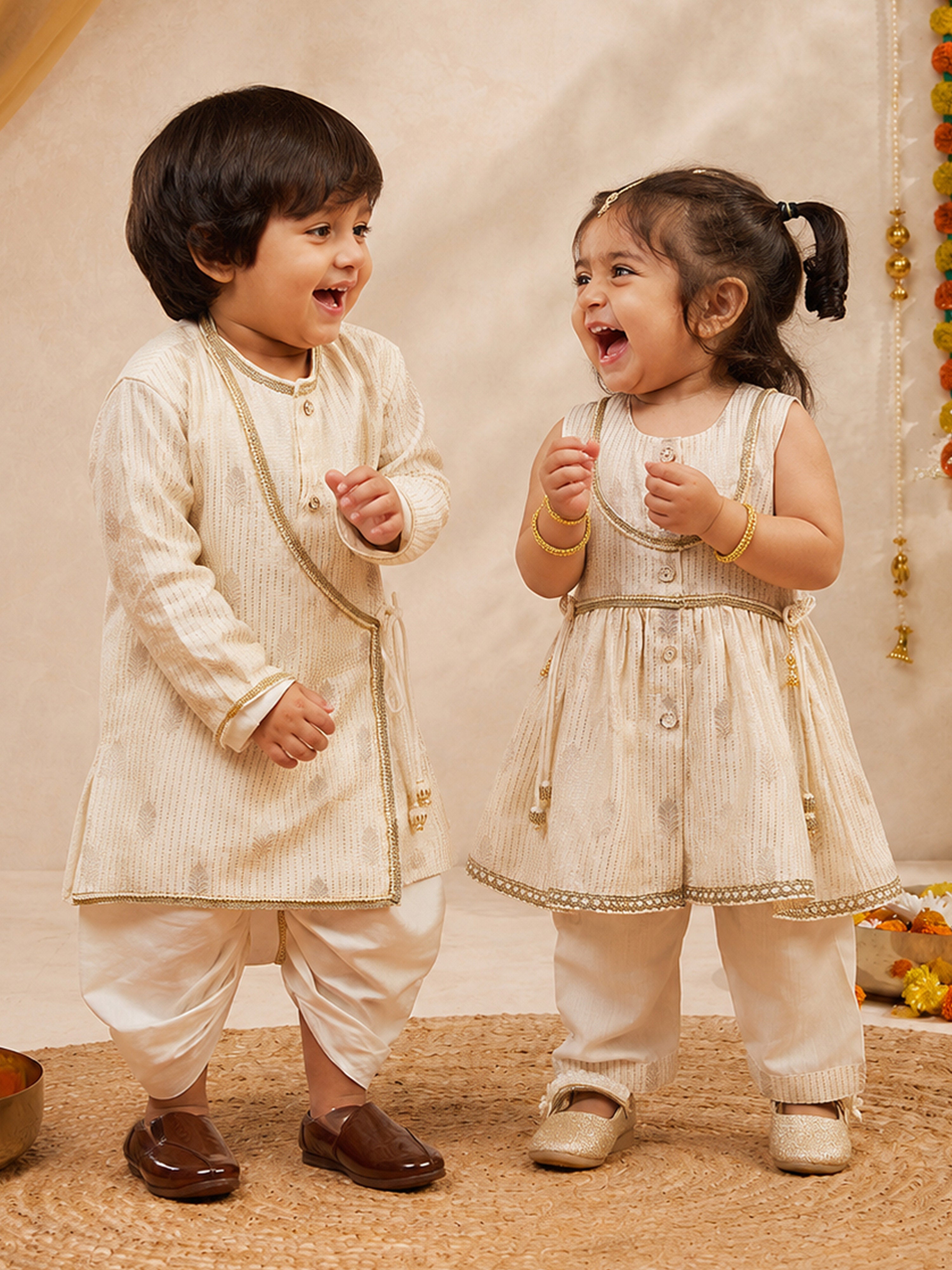 Infant Boy's Cream Silk Blend Kurta And Dhoti Set