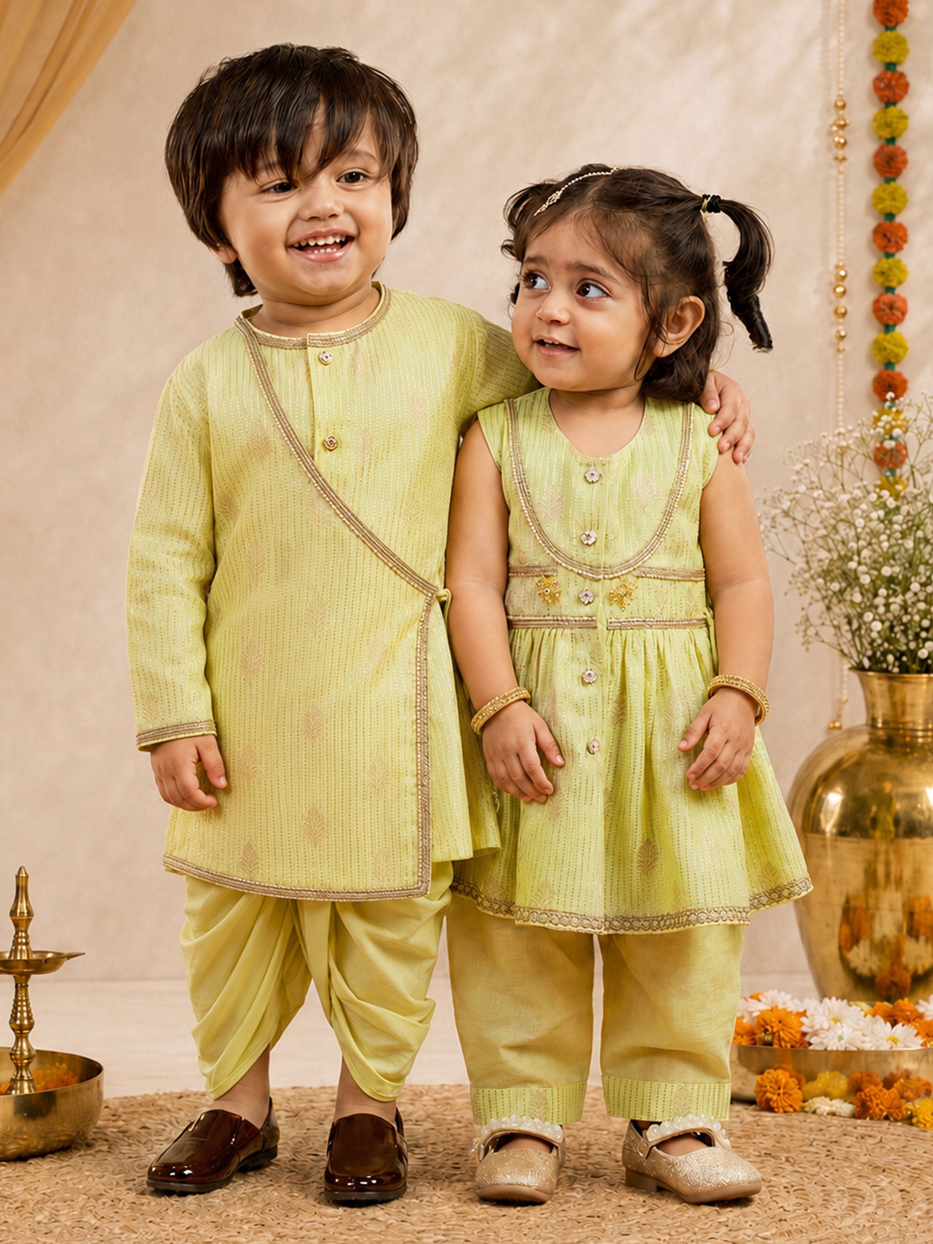 Infant Boy's Mint Green Silk Blend Kurta And Dhoti Set