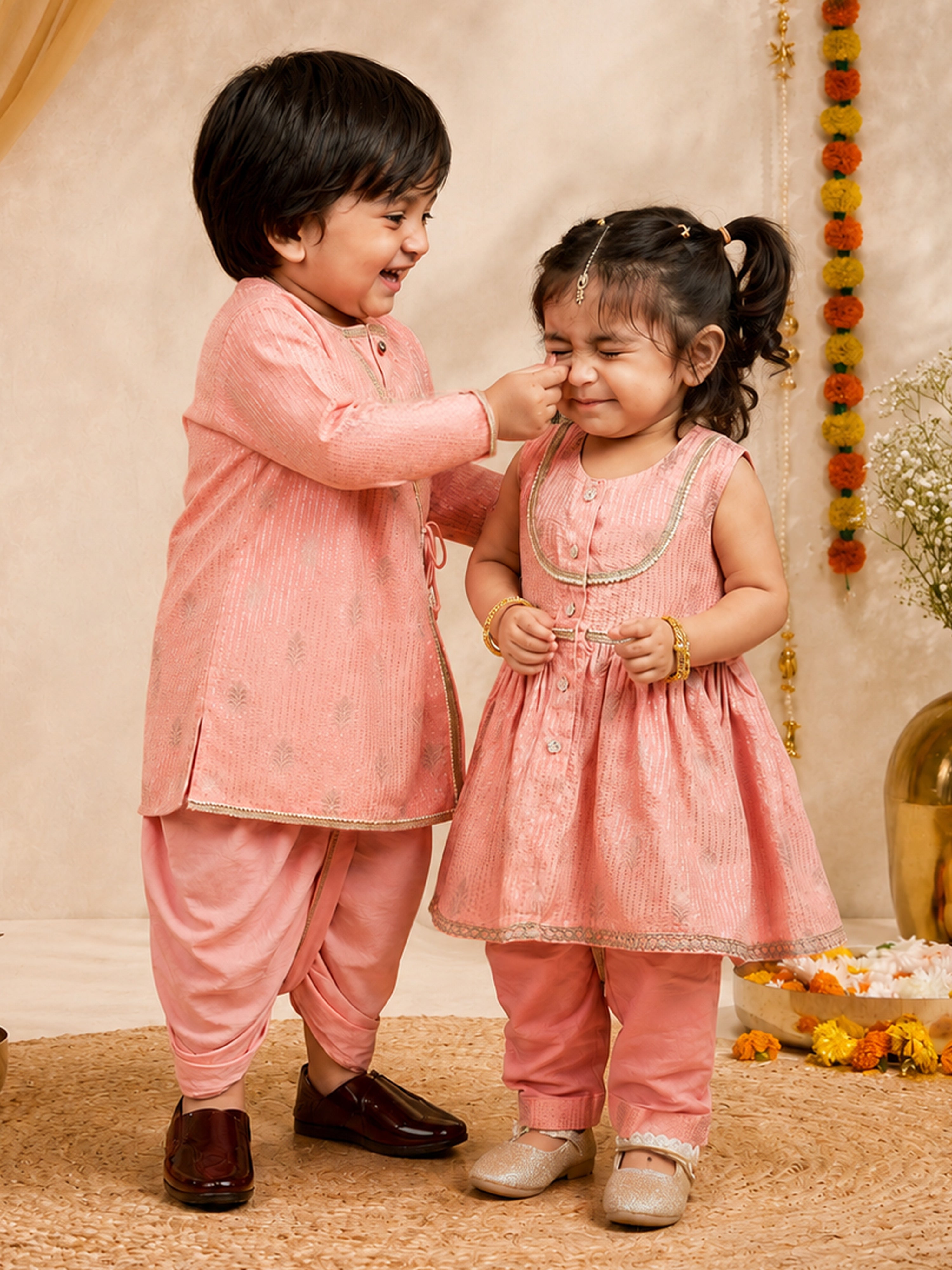 Infant Boy's Pink Silk Blend Kurta And Dhoti Set