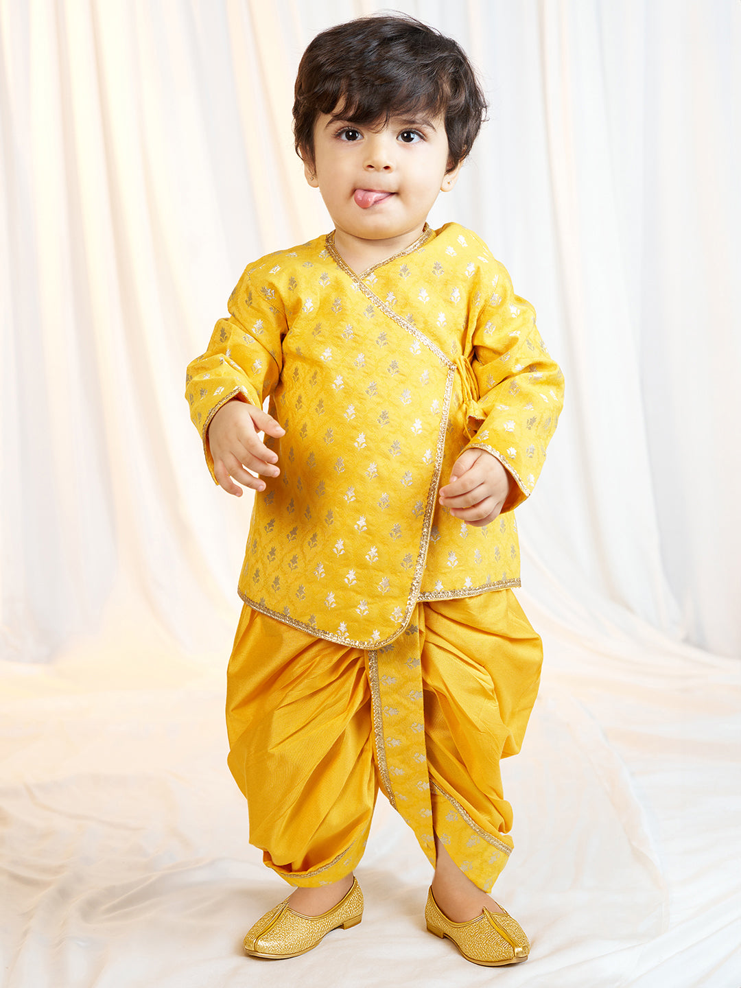 Boys Mustard Viscose Jacquard Kurta Dhoti Set with Floral Pattern