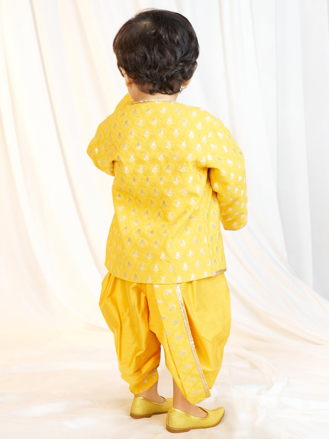 Boys Mustard Viscose Jacquard Kurta Dhoti Set with Floral Pattern