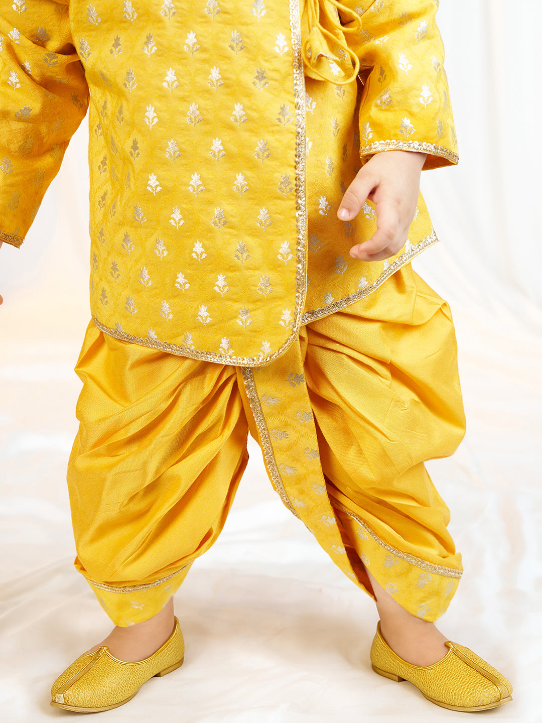 Boys Mustard Viscose Jacquard Kurta Dhoti Set with Floral Pattern
