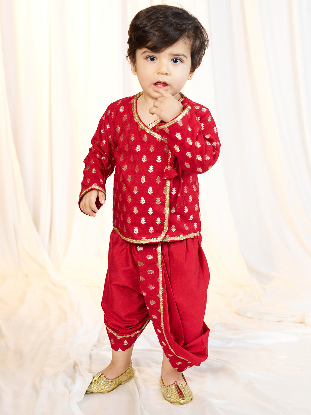 Boys Red Viscose Jacquard Kurta Dhoti Set with Floral Pattern