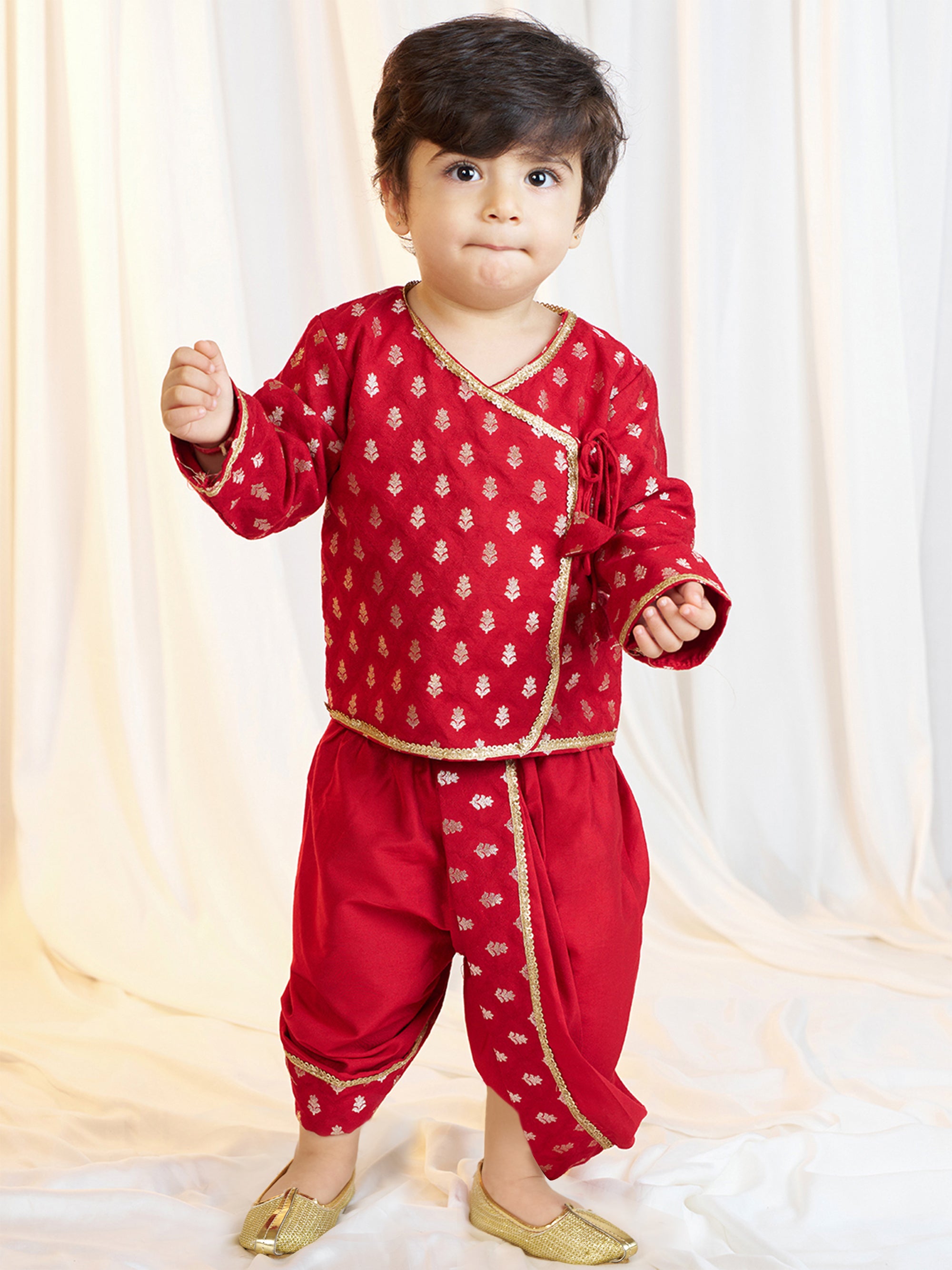 Boys Red Viscose Jacquard Kurta Dhoti Set with Floral Pattern