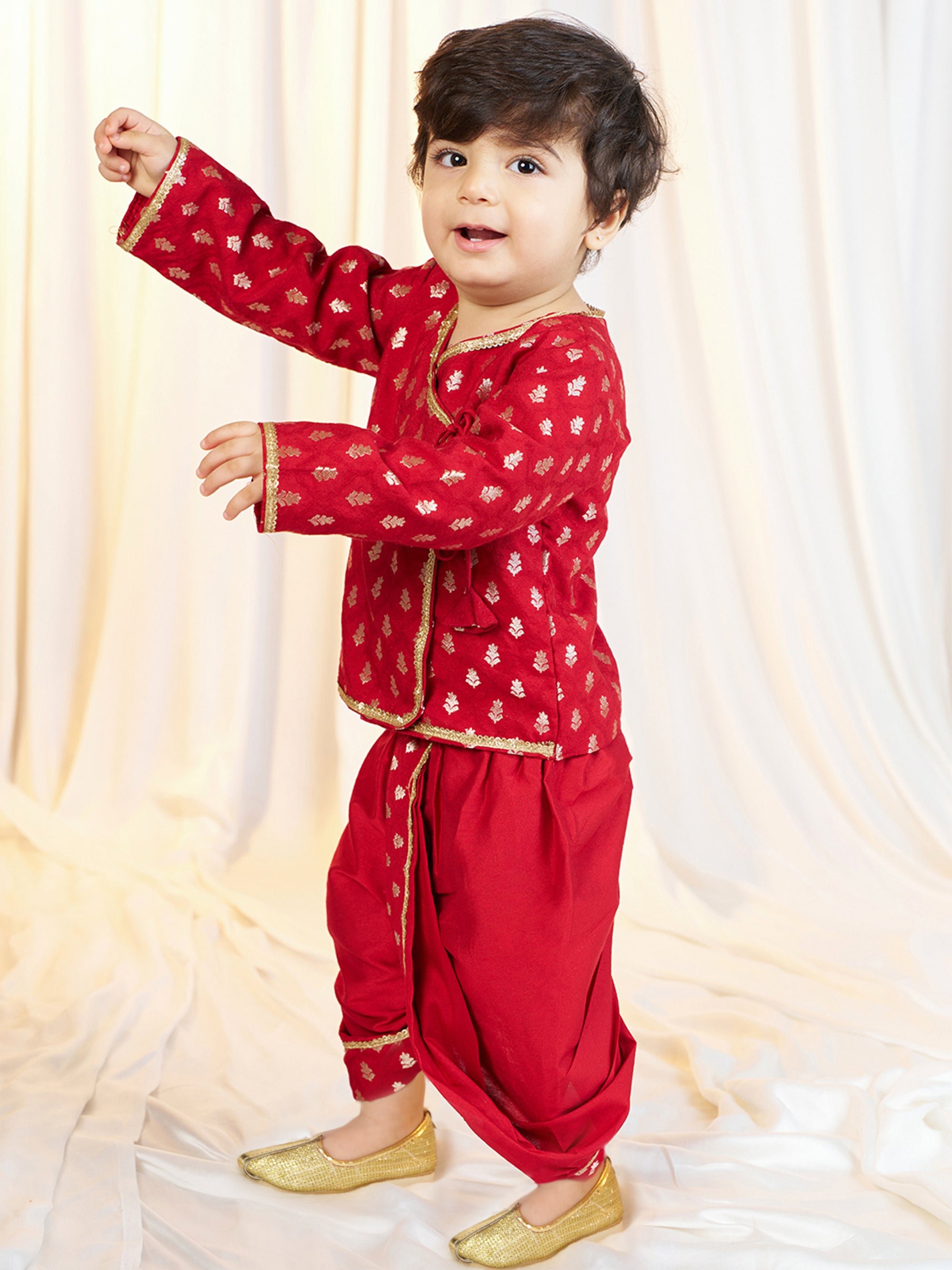 Boys Red Viscose Jacquard Kurta Dhoti Set with Floral Pattern