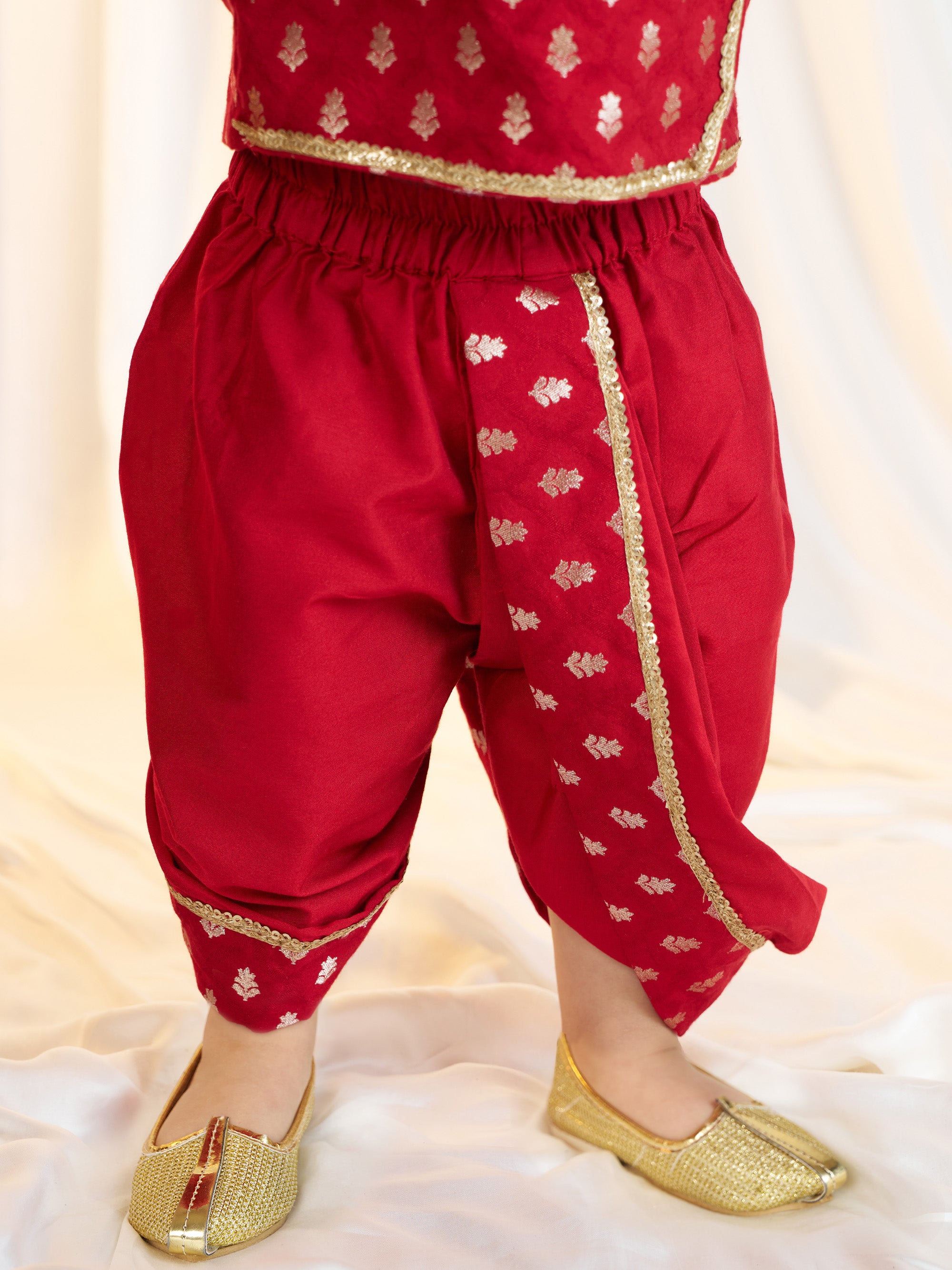 Boys Red Viscose Jacquard Kurta Dhoti Set with Floral Pattern