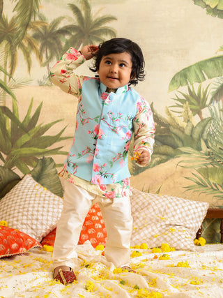 VASTRAMAY Boy's Aqua Blue Floral Silk Blend Nehru Jacket