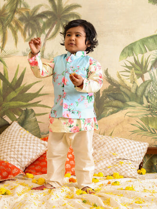 VASTRAMAY SISHU Boys' Jacket With Yellow Floral Printed Cotton Kurta Pyjama Set