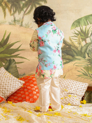VASTRAMAY SISHU Boys' Jacket With Yellow Floral Printed Cotton Kurta Pyjama Set