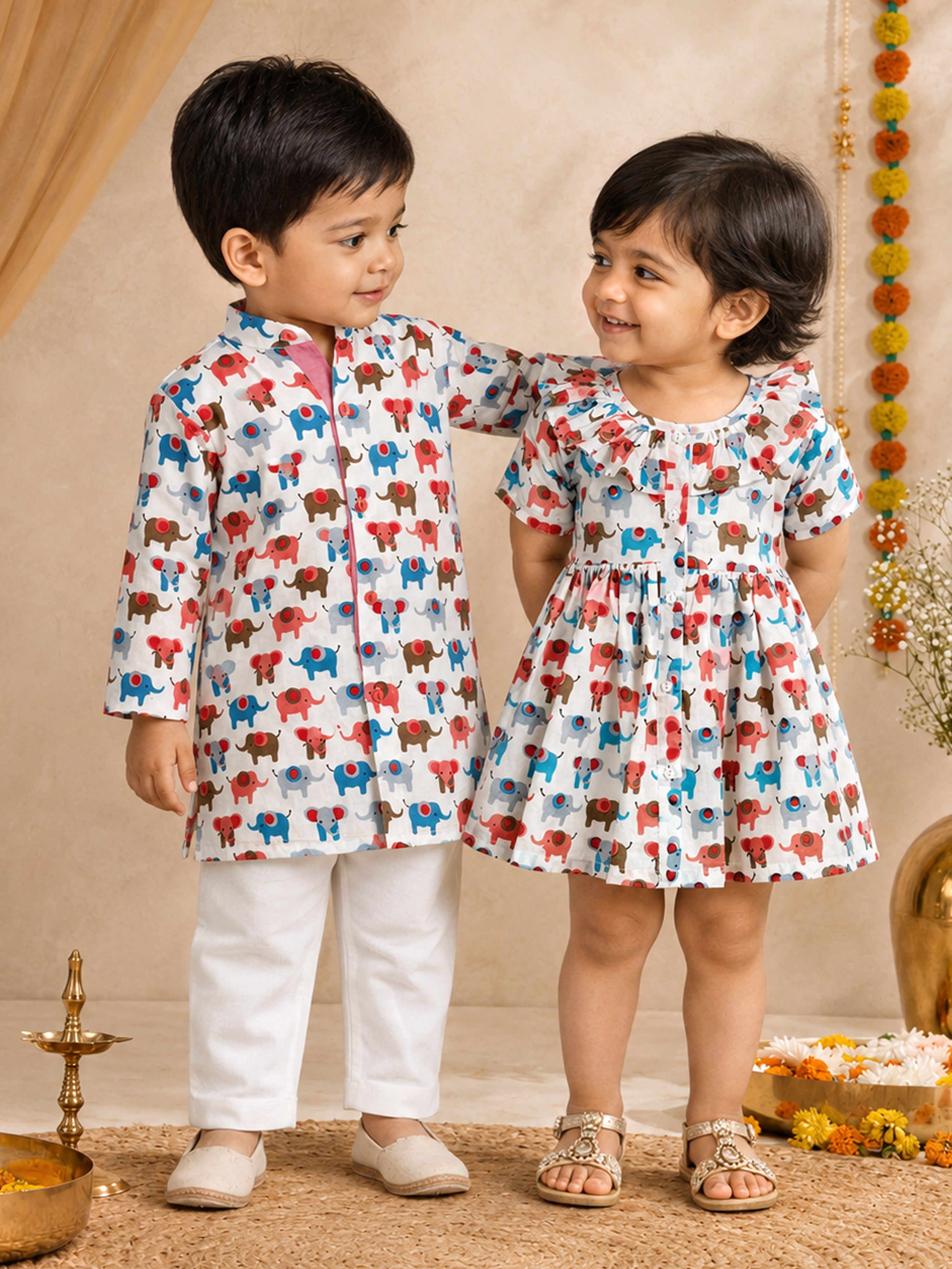 Girls Multicolour Cotton Animal Print Gathered Short Sleeve A-Line Dress