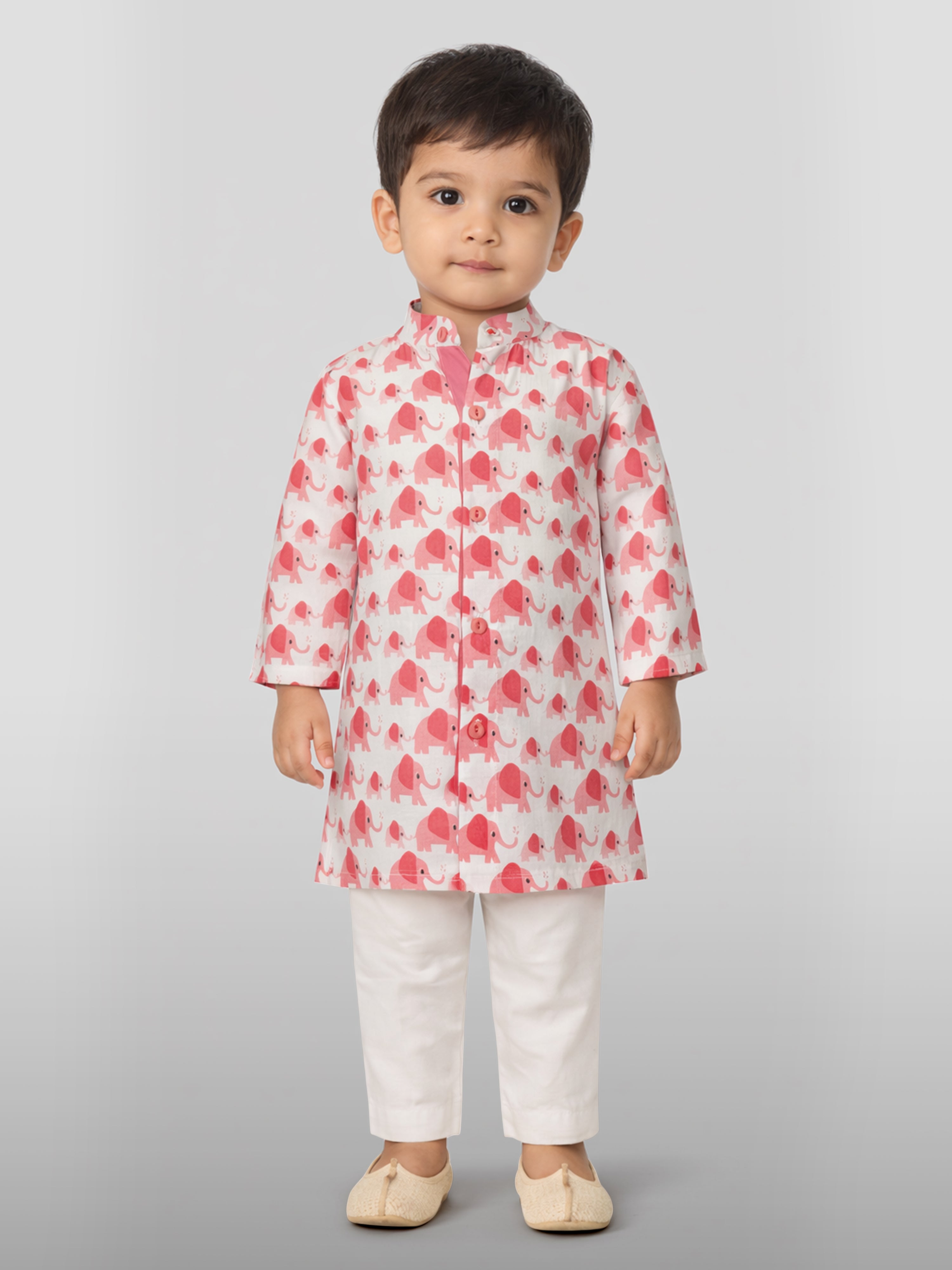 Baby Boys Pink Pure Cotton Animal Print Kurta Pyjama Set