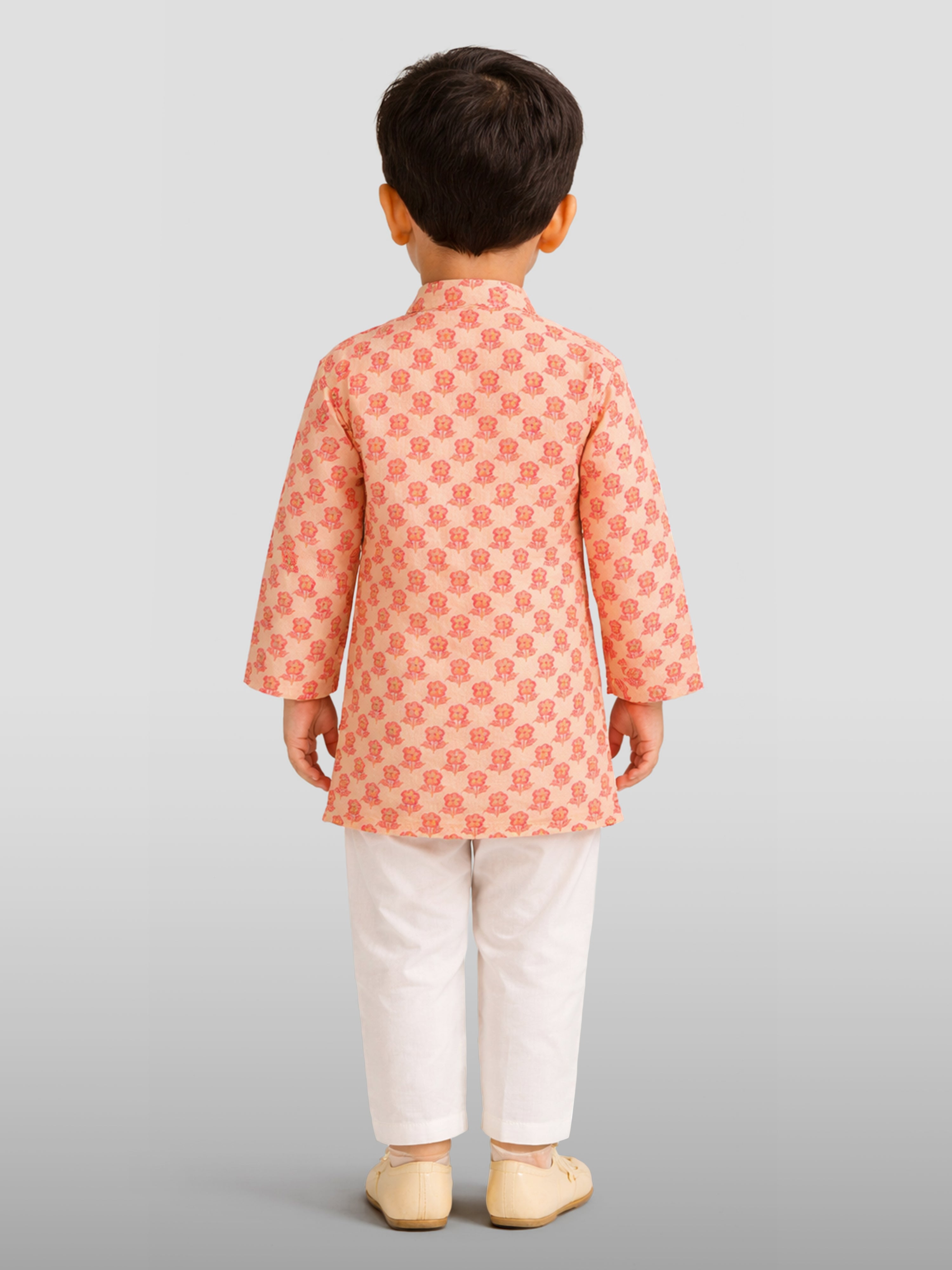Baby Boys Peach Pure Cotton Floral Print Kurta Pyjama Set