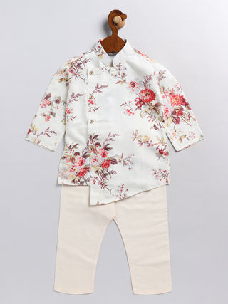 VASTRAMAY SISHU Boy's Cream Floral Printed Angrakha Kurta Pyjama Set