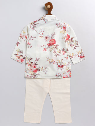 VASTRAMAY SISHU Boy's Cream Floral Printed Angrakha Kurta Pyjama Set