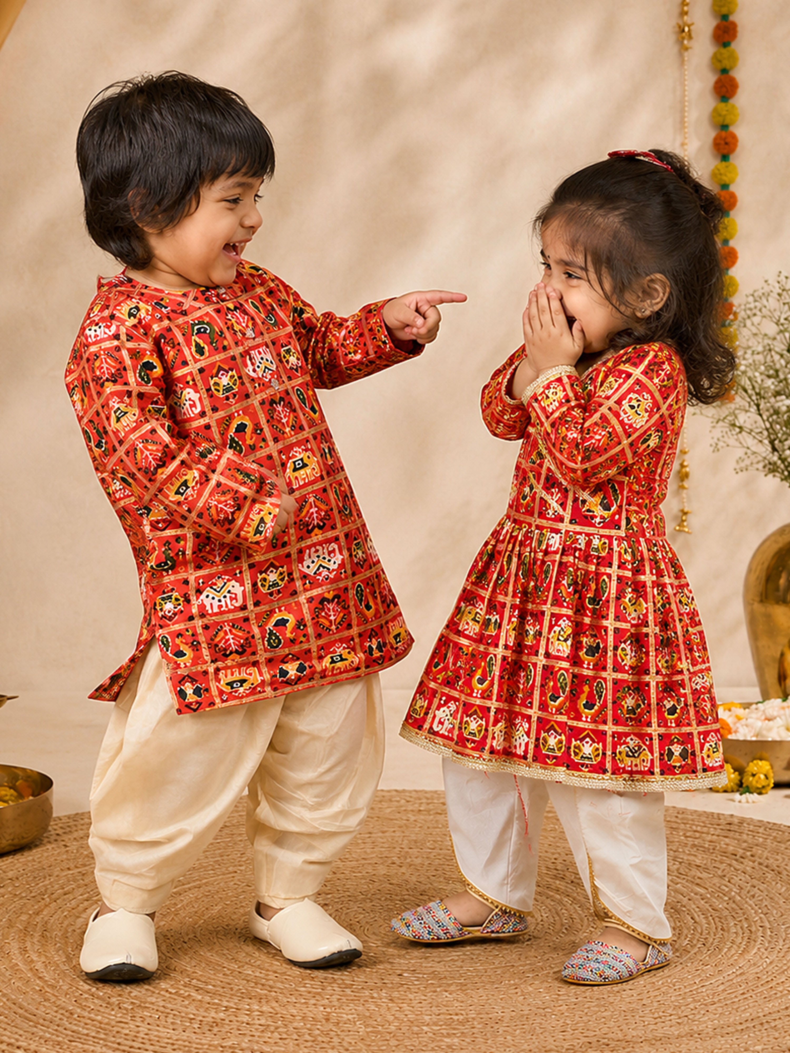 Girl's Red Angrakha Style Patola Print Kurta Dhoti Set