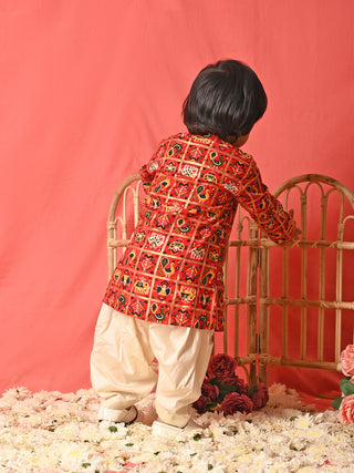 VASTRAMAY SISHU Boys' Red Patola Print Festive Kurta Pyjama Set