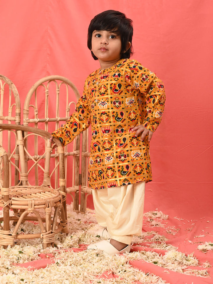 Boys Yellow Patola Print Festive Kurta Pyjama Set