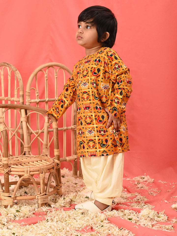 Boys Yellow Patola Print Festive Kurta Pyjama Set