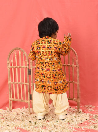 VASTRAMAY Boys' Yellow  Patola Print Festive Kurta Pyjama Set