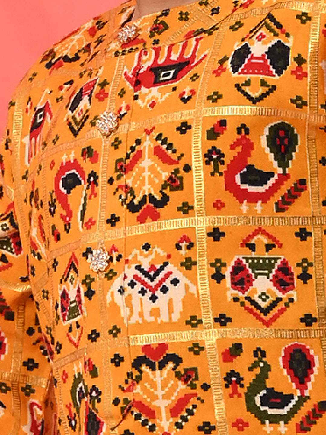 Boys Yellow Patola Print Festive Kurta Pyjama Set