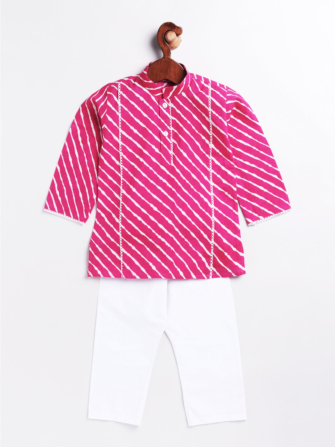 Infant Boy's Pink And White Cotton Kurta Pyjama Set