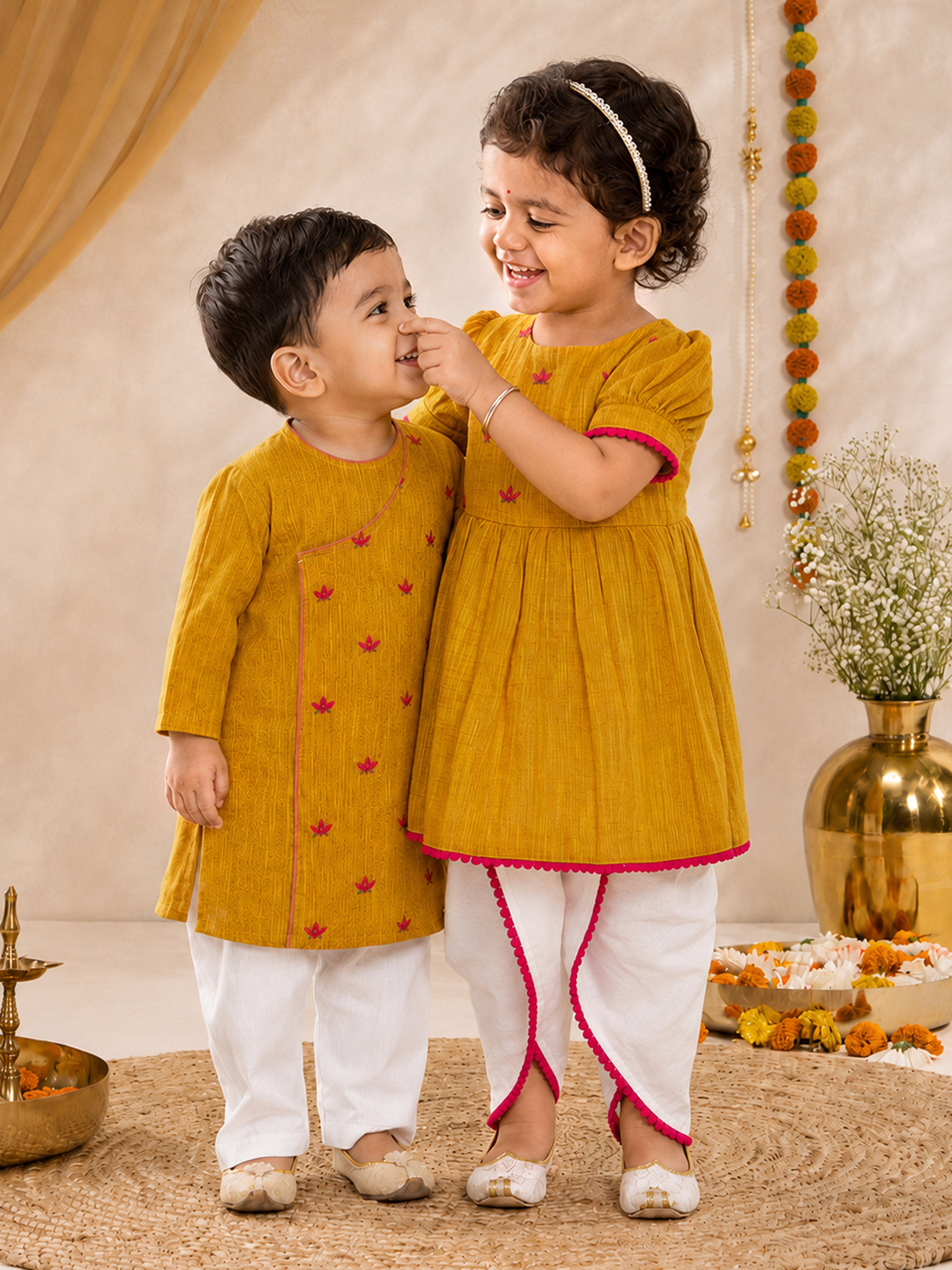 Girl's Mustard Pink Floral Kurta Dhoti Set