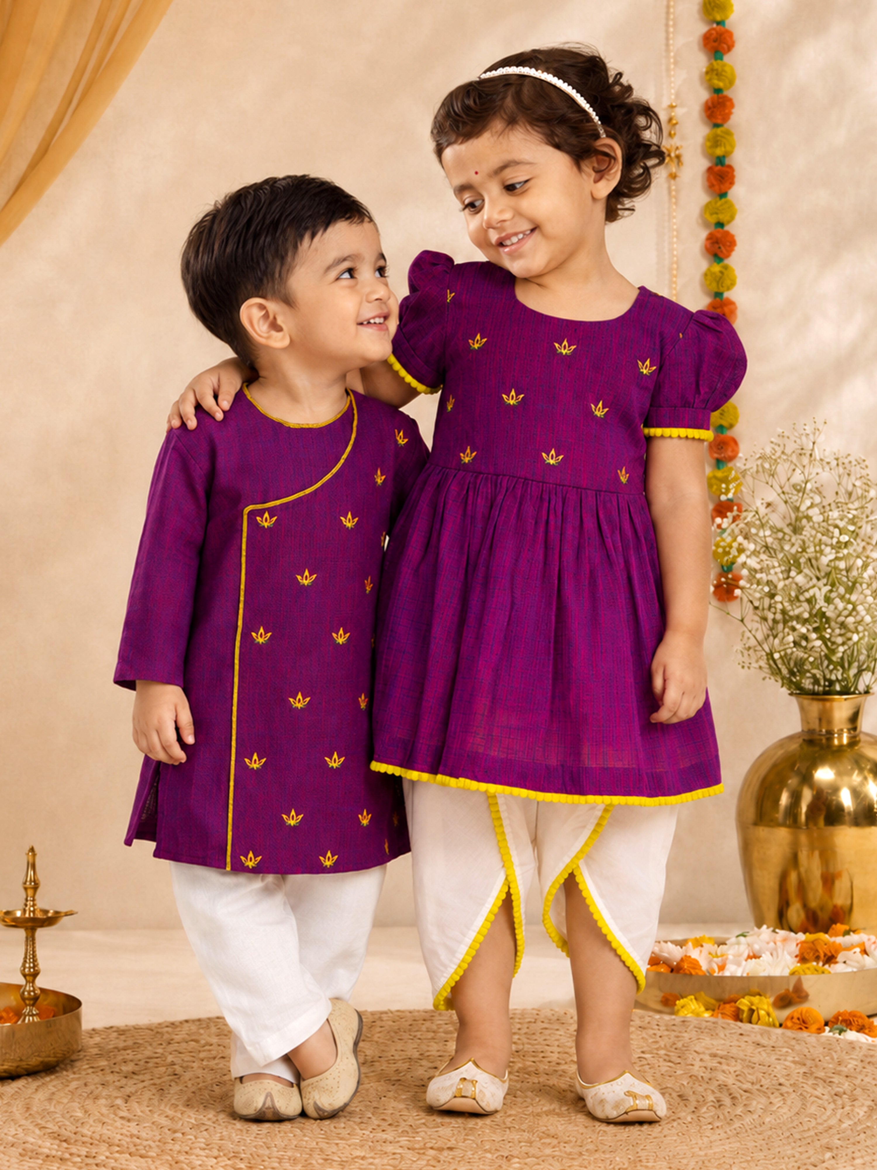 Baby Boy's Purple Embroidered Cotton Kurta Pyjama Set