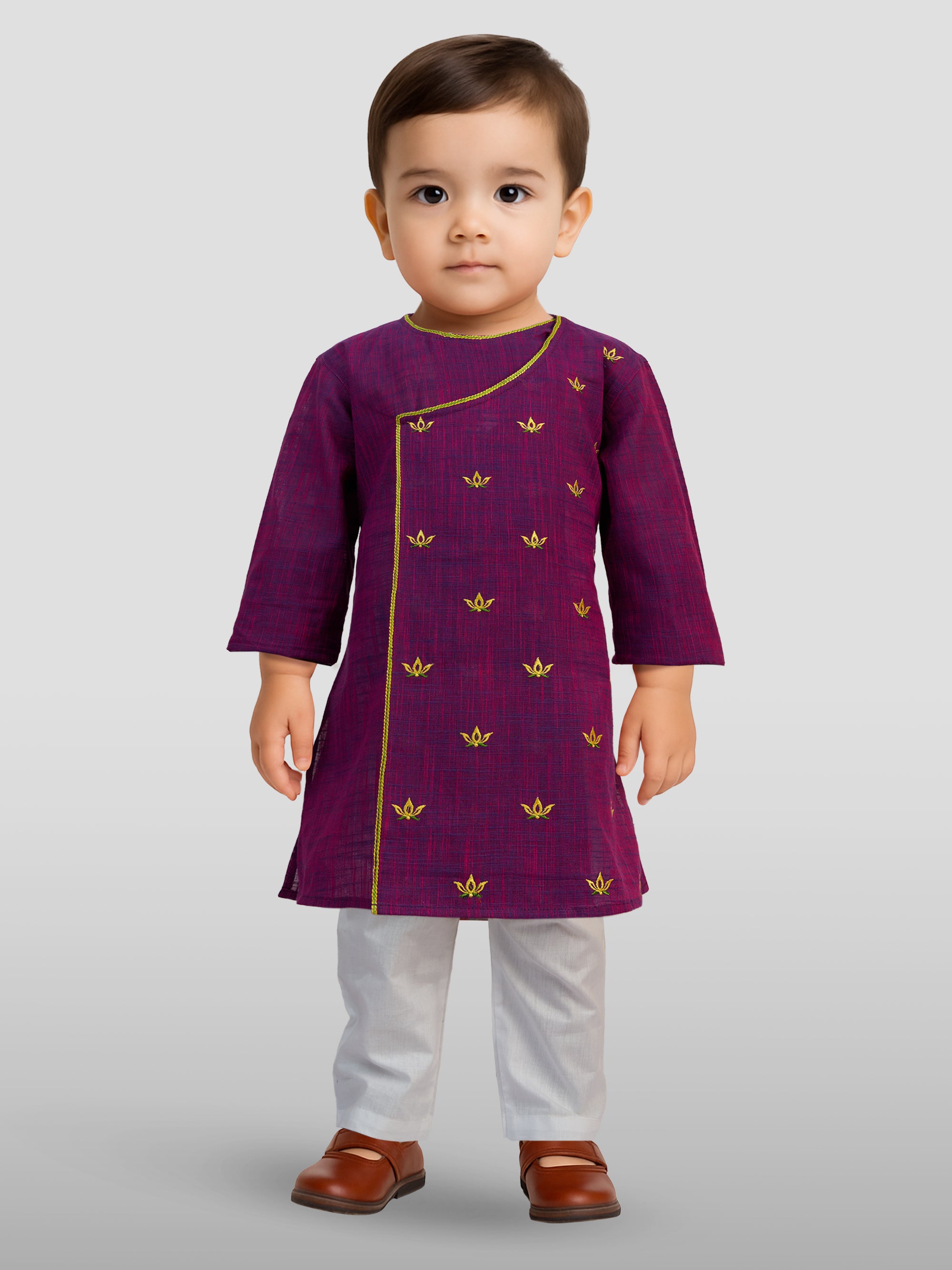 Baby Boy's Purple Embroidered Cotton Kurta Pyjama Set