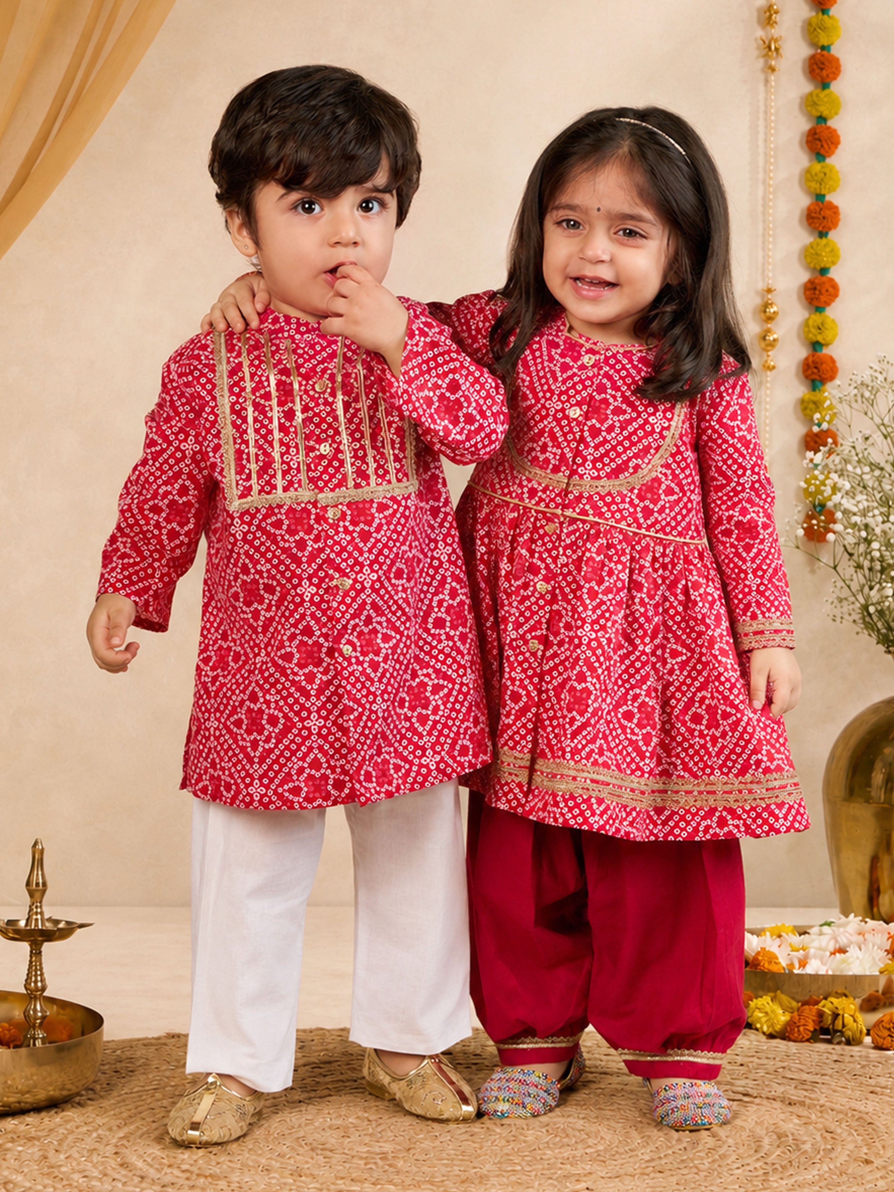 Boys Red Cotton Bandhani Kurta Pyjama Set with Digital Print