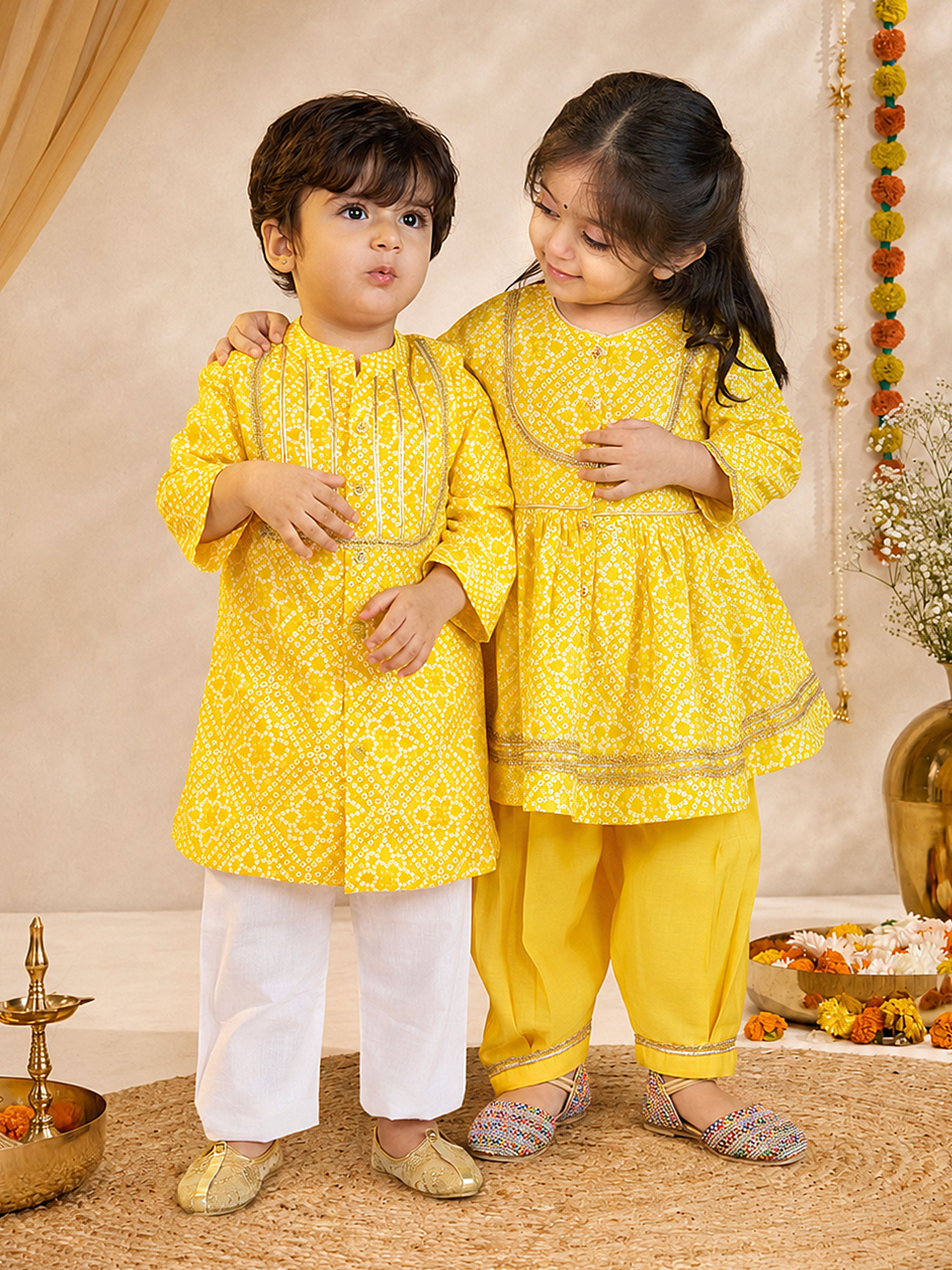 Girls Yellow Cotton Bandhani Kurta Patiala Set with Digital Print