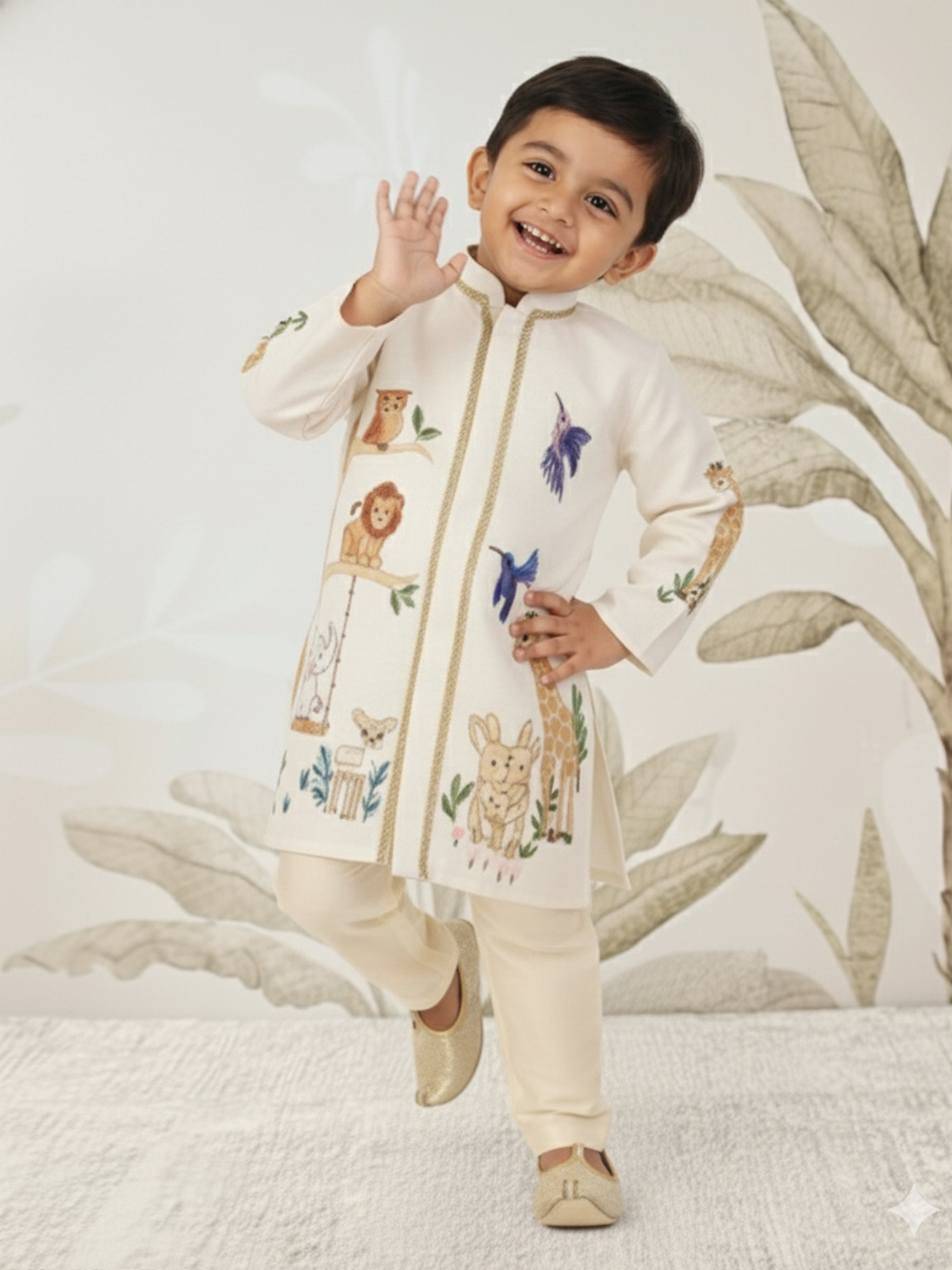Boys Off White Rayon Animal Print Kurta with Cream Pyjama