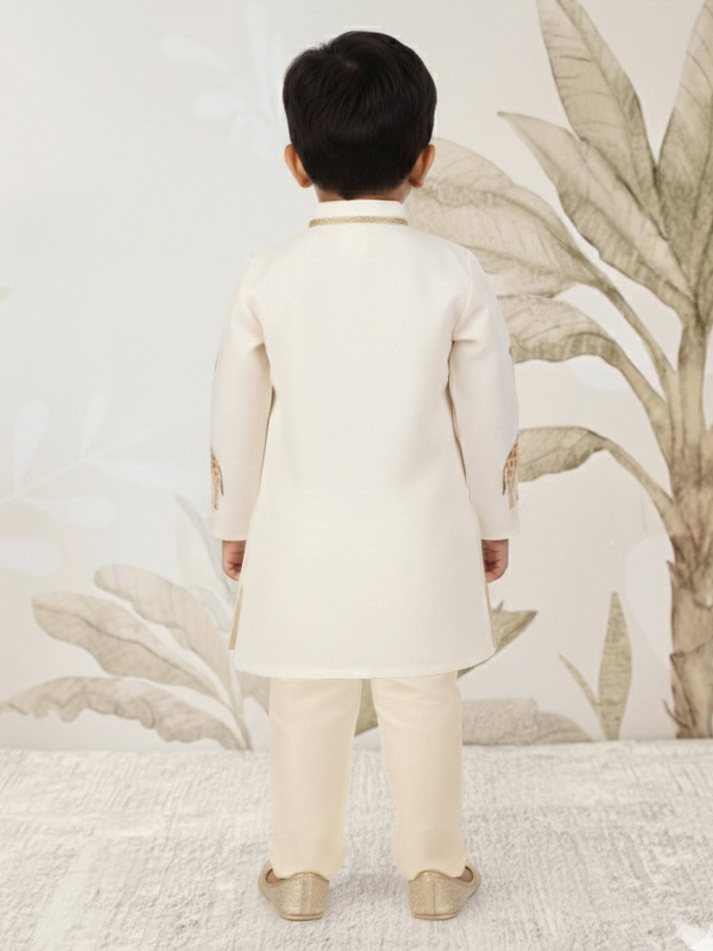 Boys Off White Rayon Animal Print Kurta with Cream Pyjama