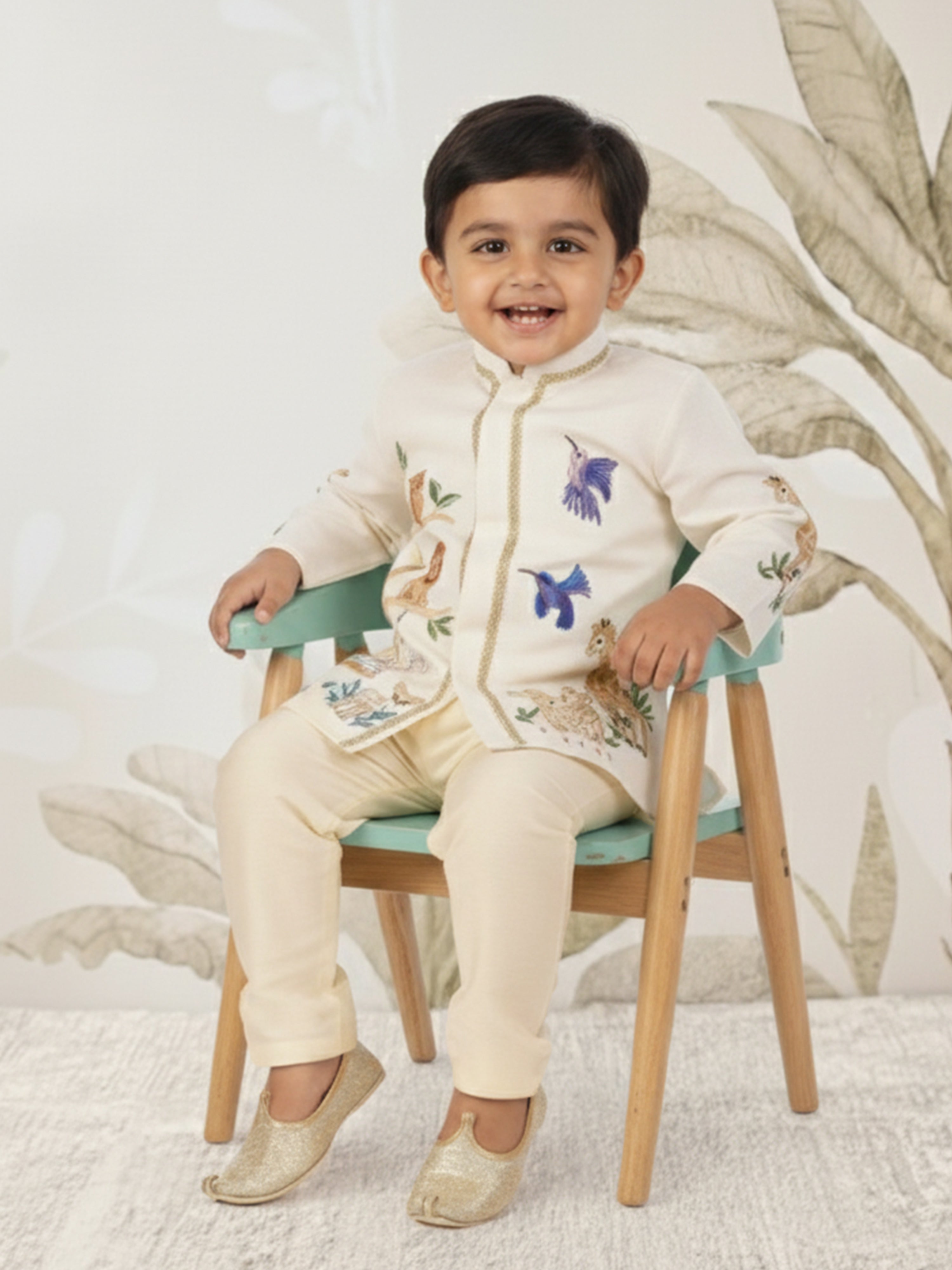 Boys Off White Rayon Animal Print Kurta with Cream Pyjama