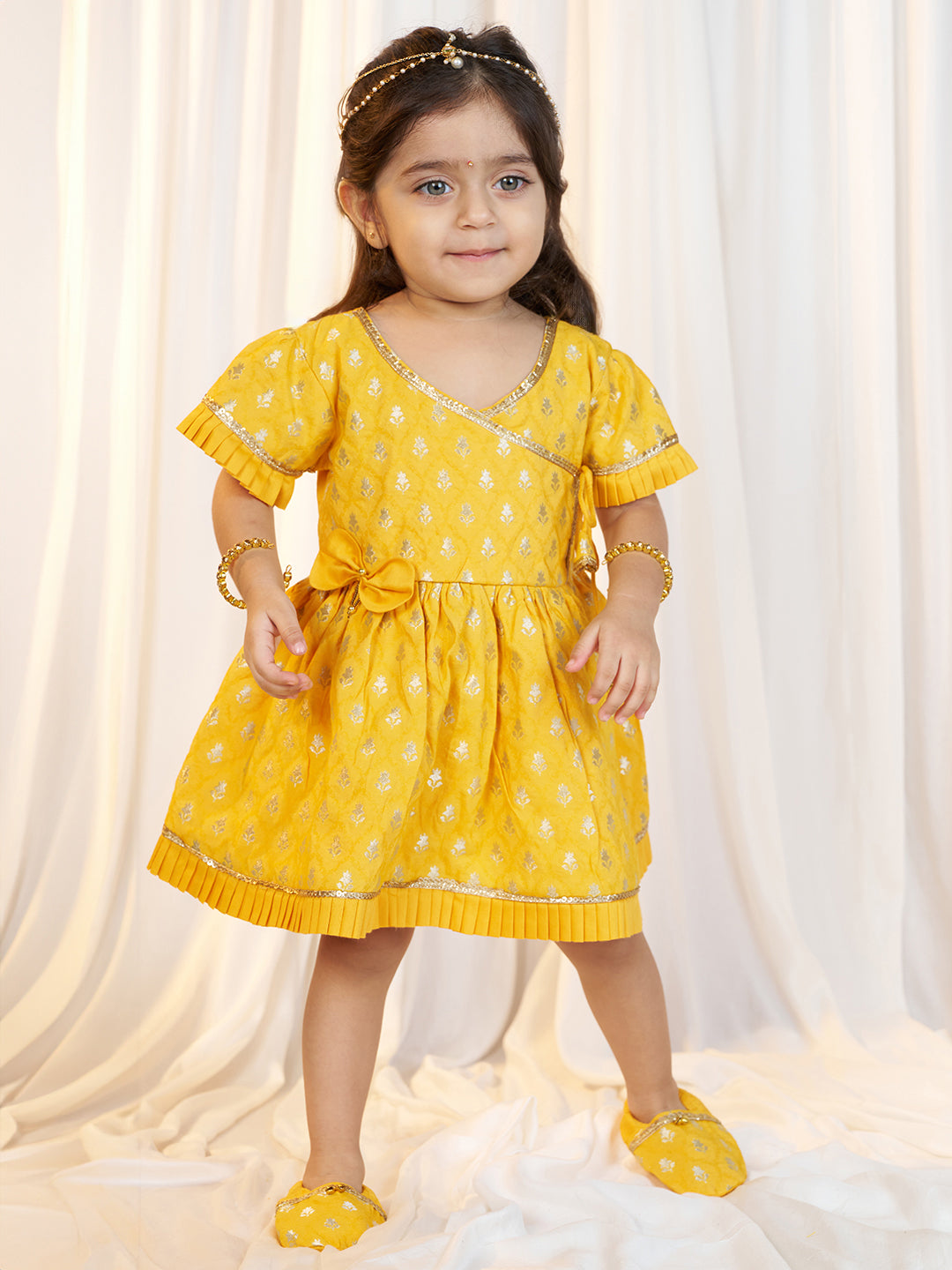 Girl's Mustard Jacquard Angrakha Kurta with Pant, Hairband, Shoe & Swaddle Set