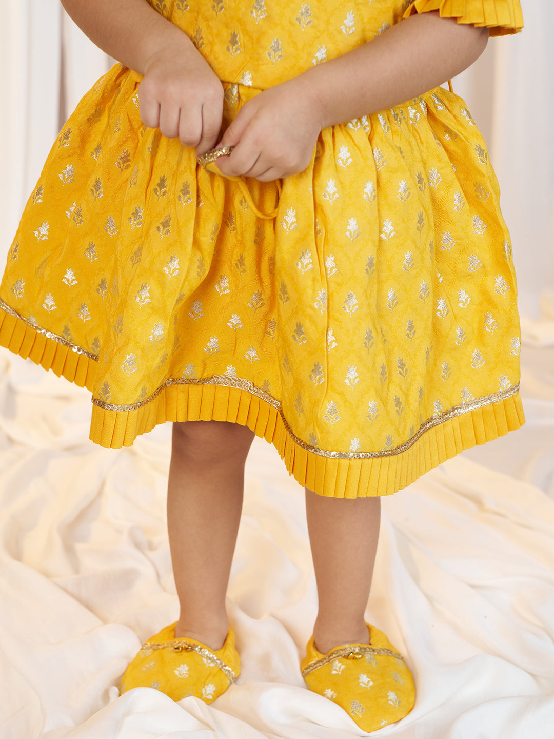 Girl's Mustard Jacquard Angrakha Kurta with Pant, Hairband, Shoe & Swaddle Set