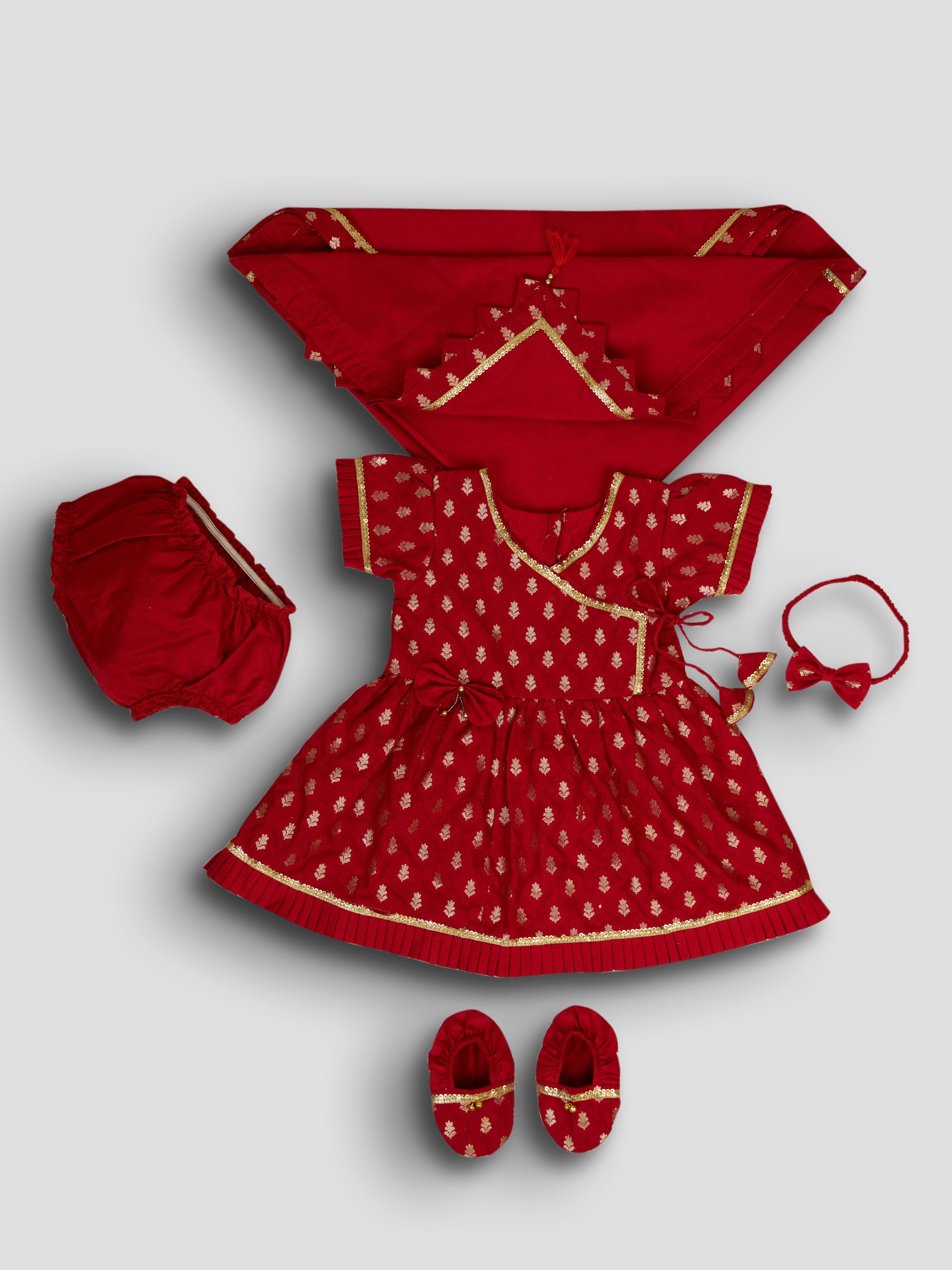 Girls Red Viscose Jacquard Ethnic Set with Floral Pattern