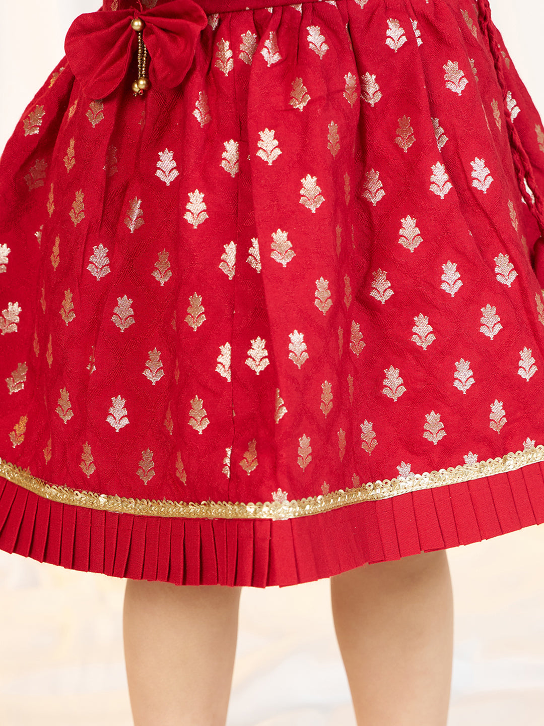 Girls Red Viscose Jacquard Ethnic Set with Floral Pattern