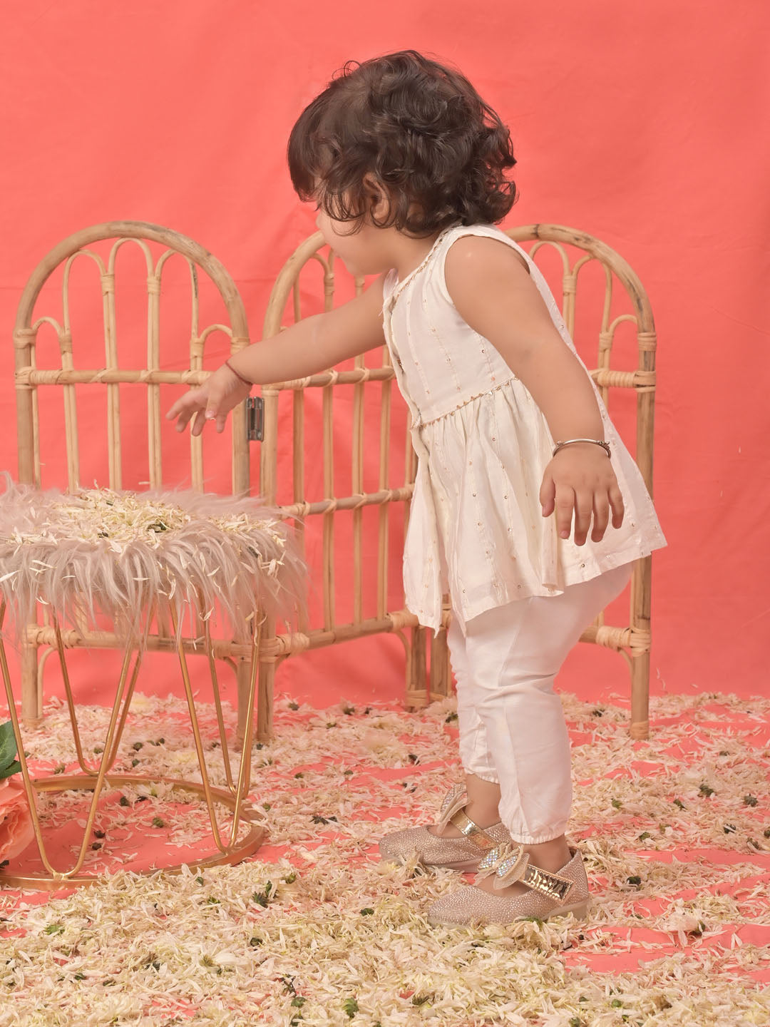 Girl's White Cotton Flock And Dhoti Set