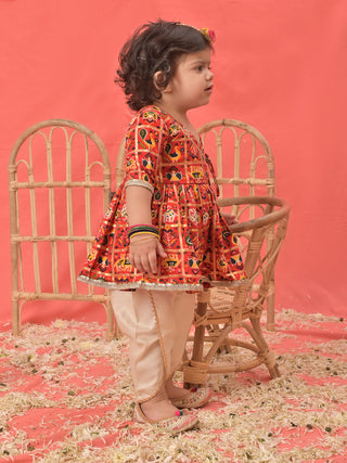 VASTRAMAY SISHU Girls Red Angrakha Style Patola Print Kurta Dhoti Set