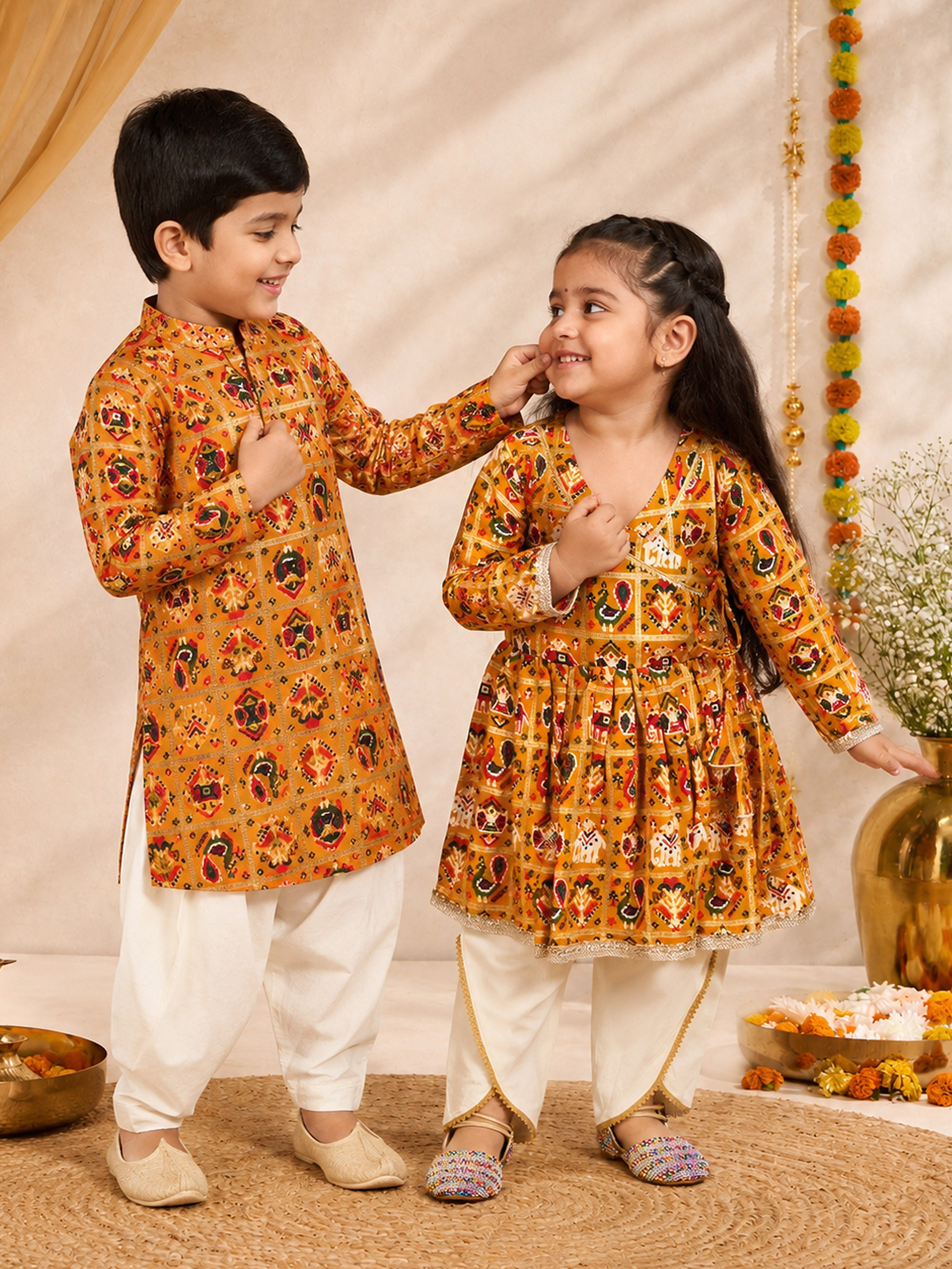 Boy's Yellow Patola Print Festive Kurta Pyjama Set
