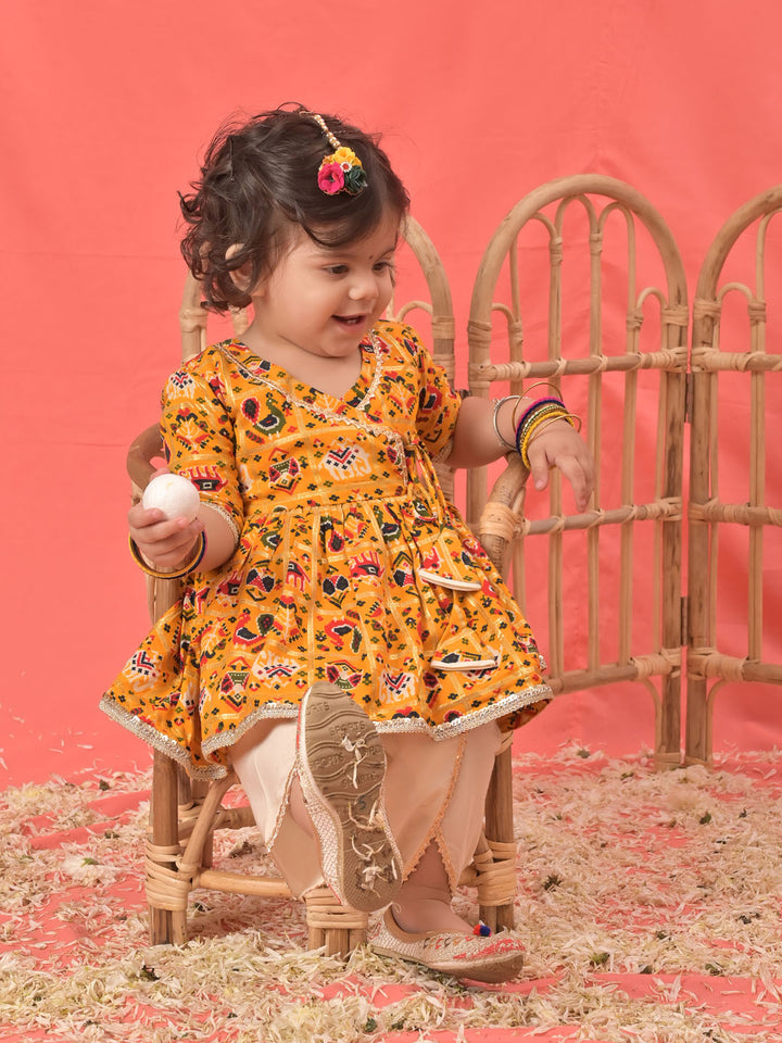 Girls Yellow Angrakha Style Patola Print Kurta Dhoti Set