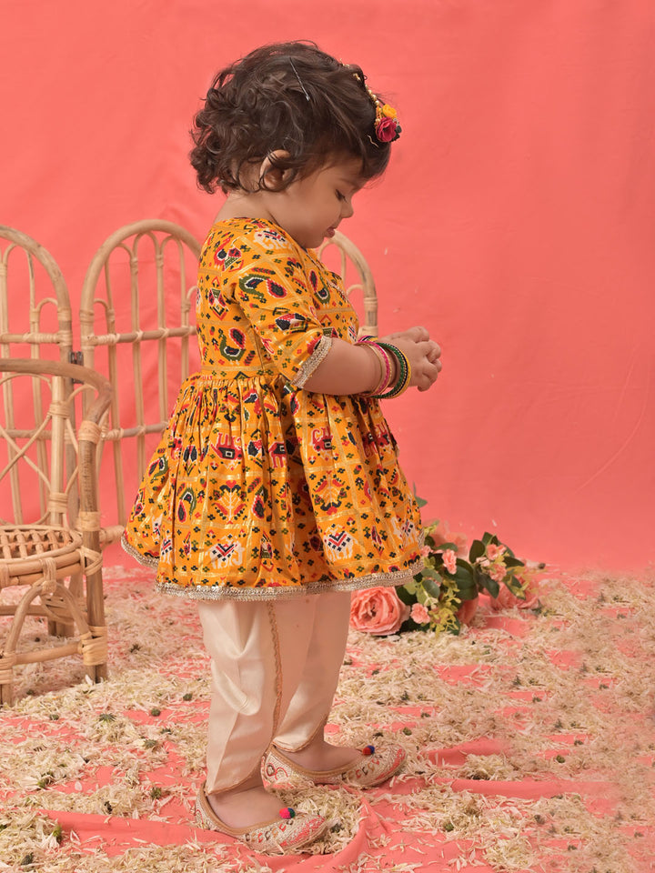Girls Yellow Angrakha Style Patola Print Kurta Dhoti Set