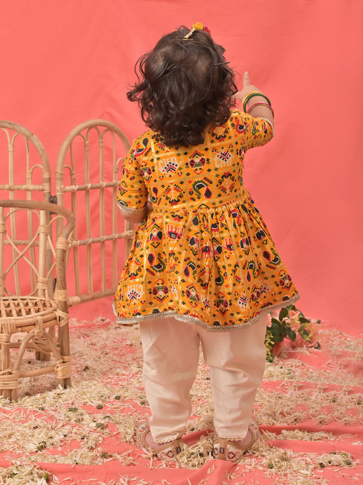 Girls Yellow Angrakha Style Patola Print Kurta Dhoti Set