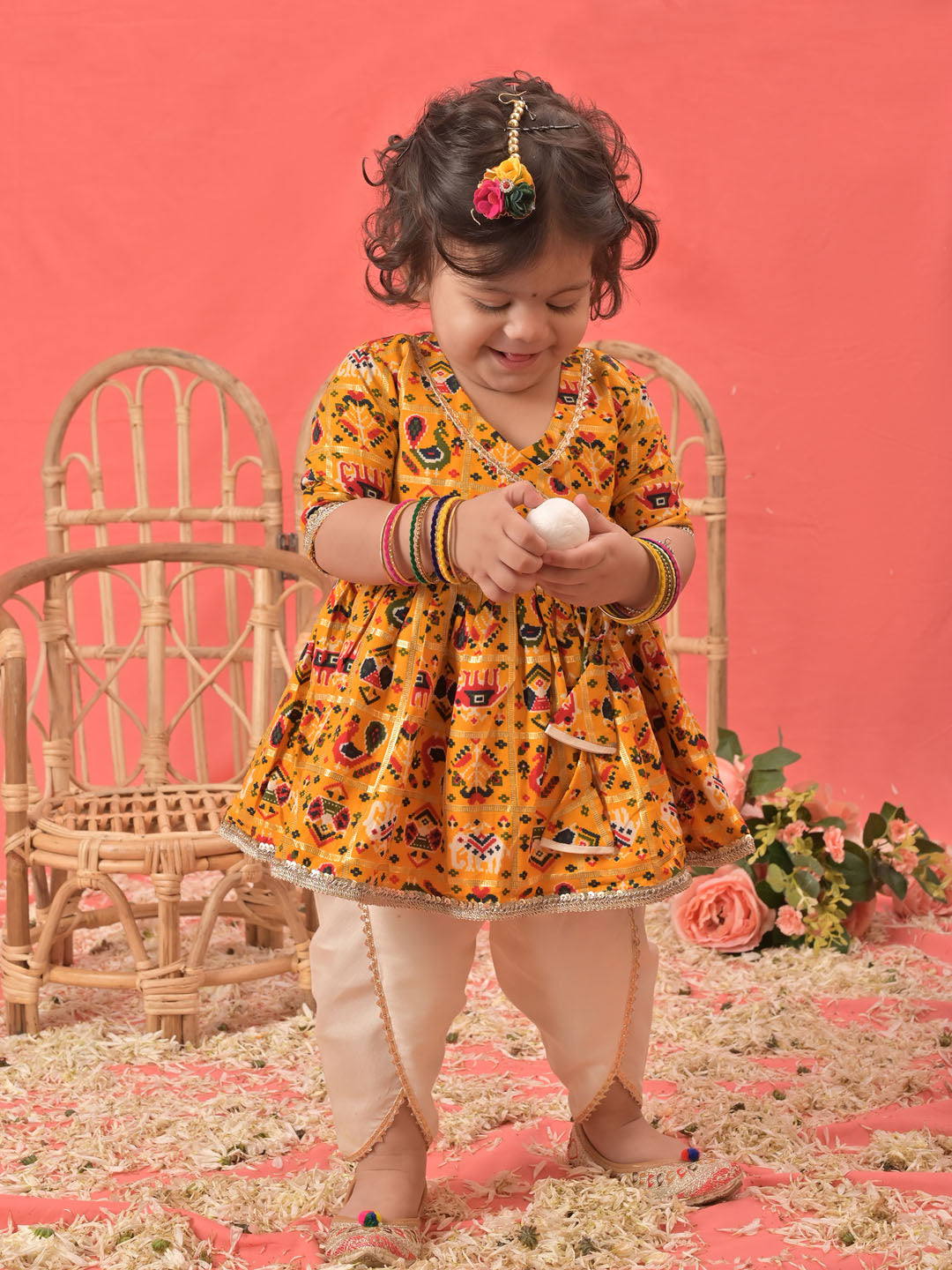 Girls Yellow Angrakha Style Patola Print Kurta Dhoti Set