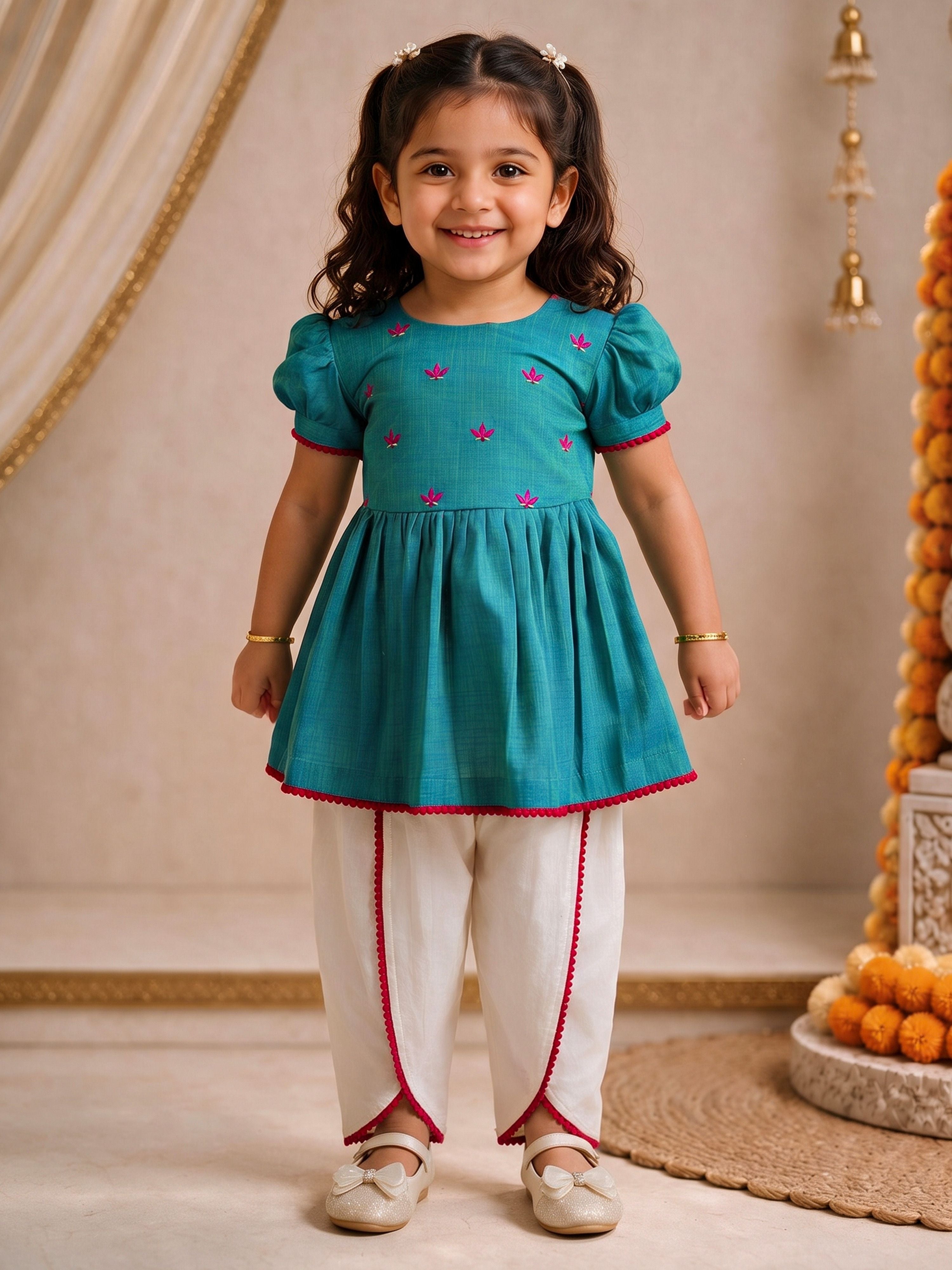 Girls's Aqua Cotton Embroidered Thigh Length Kurta And Dhoti Set