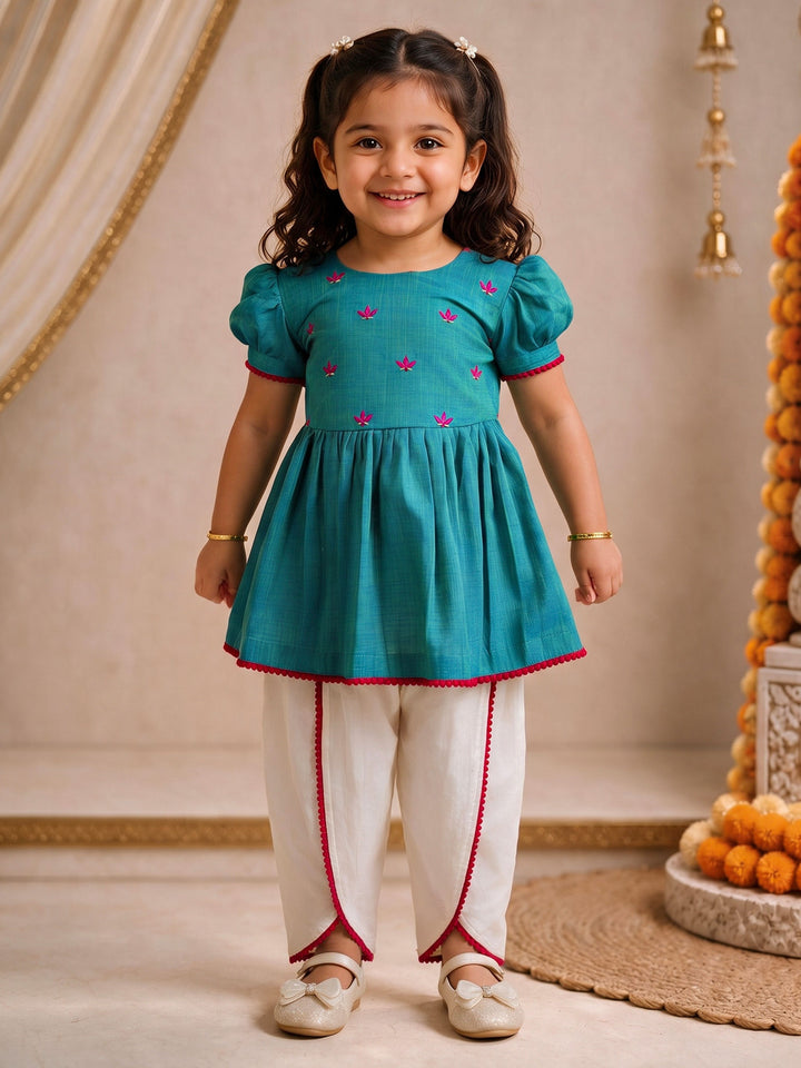 Girls Aqua Cotton Embroidered Thigh Length Kurta And Dhoti Set