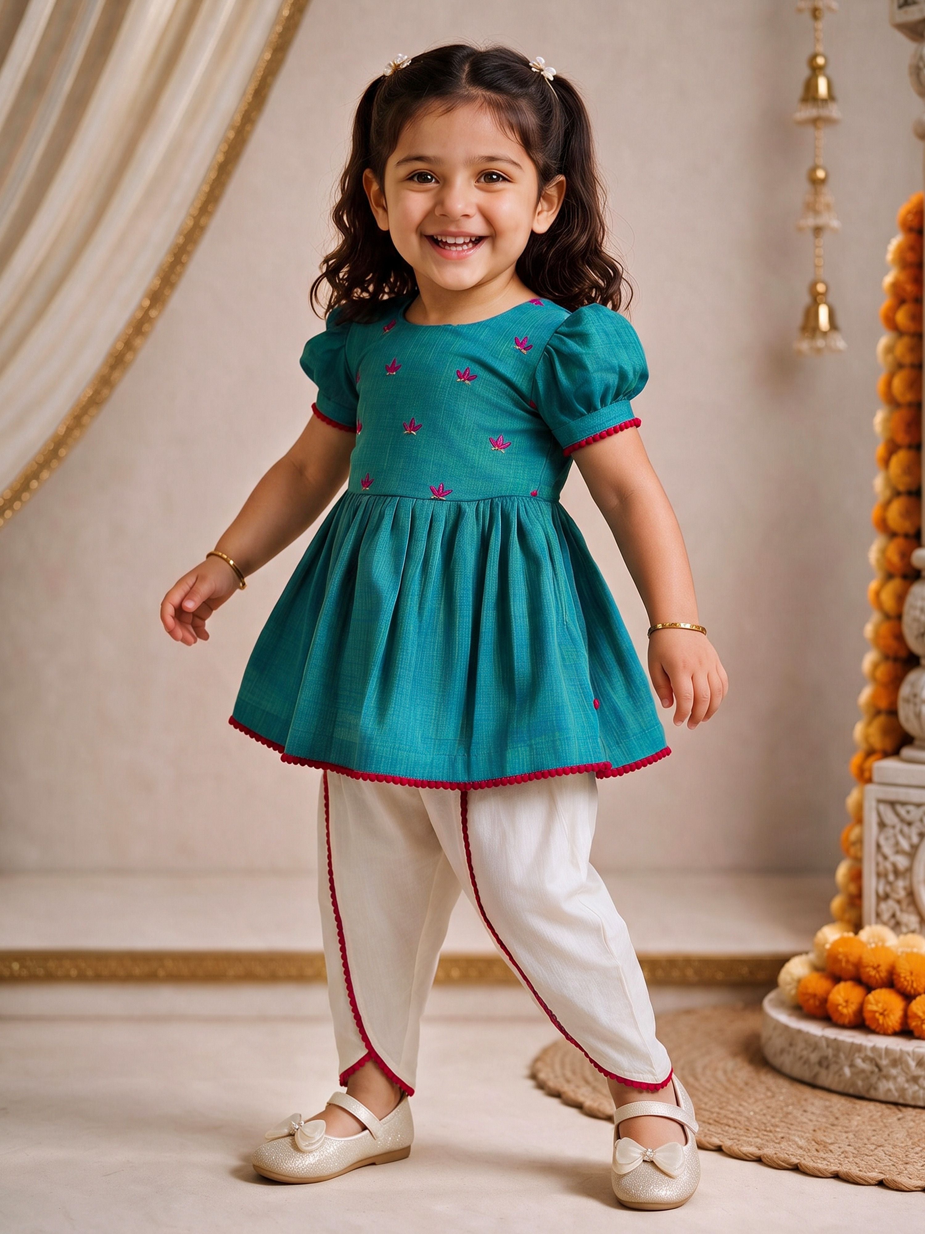 Girls's Aqua Cotton Embroidered Thigh Length Kurta And Dhoti Set