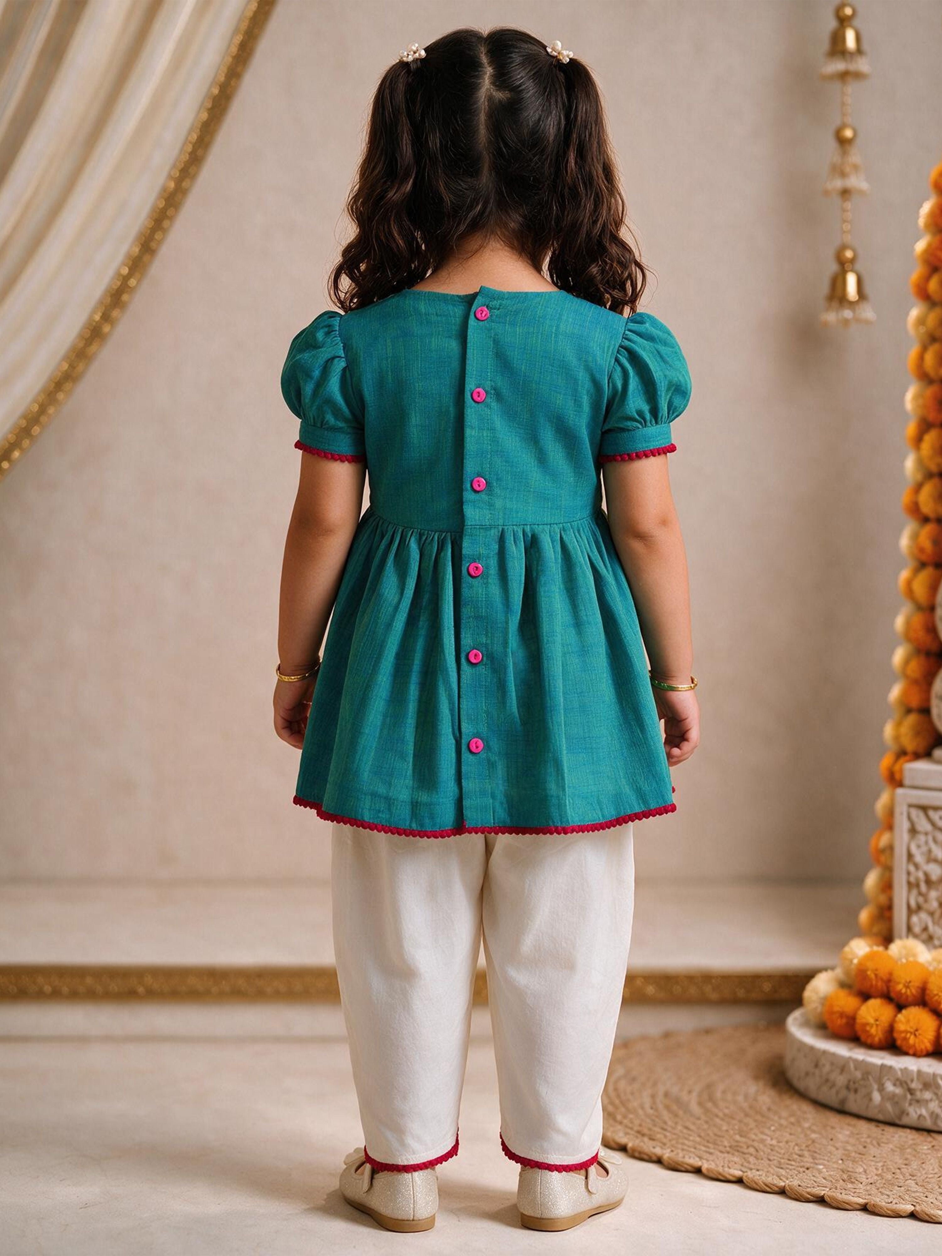 Girls's Aqua Cotton Embroidered Thigh Length Kurta And Dhoti Set