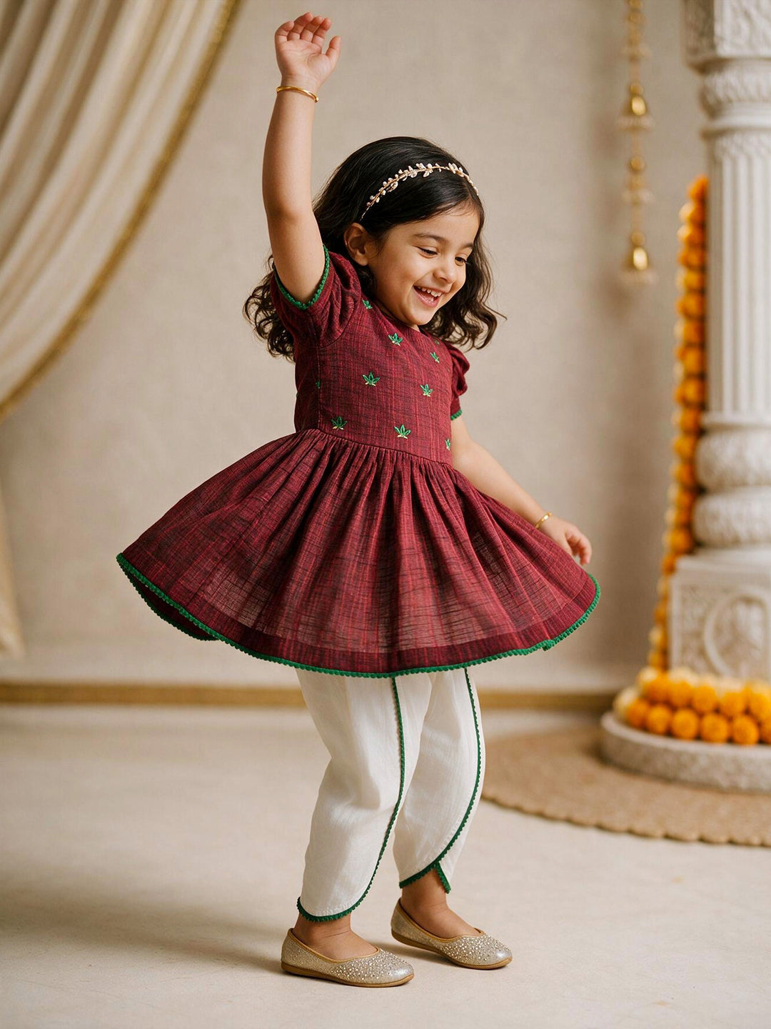 Girls Maroon Cotton Embroidered Kurta Dhoti Set